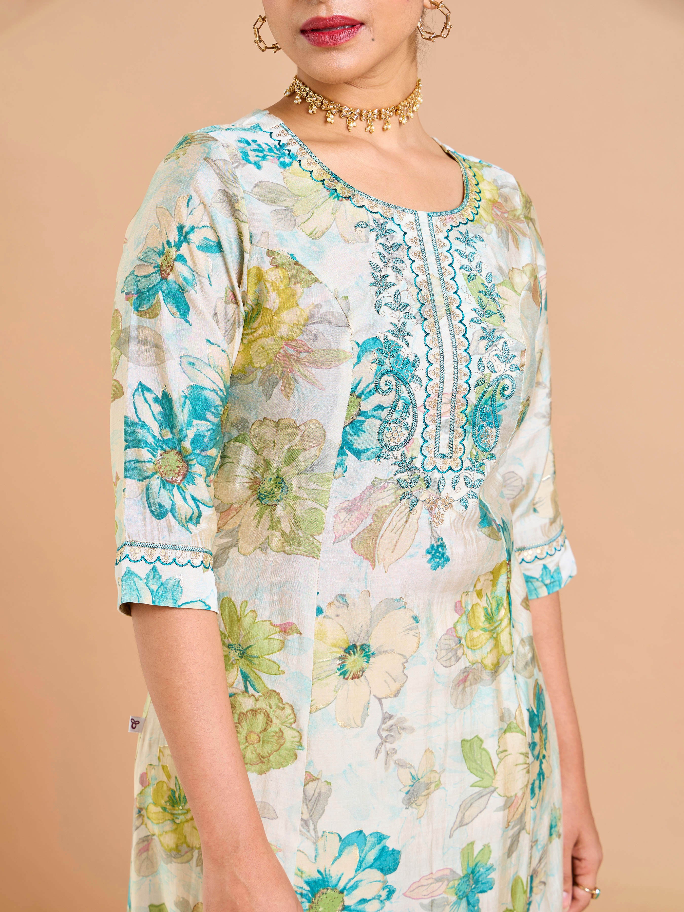 Aqua Blue Modal Chanderi Foil Printed Kurti With Sequins Embroidery - Image 3