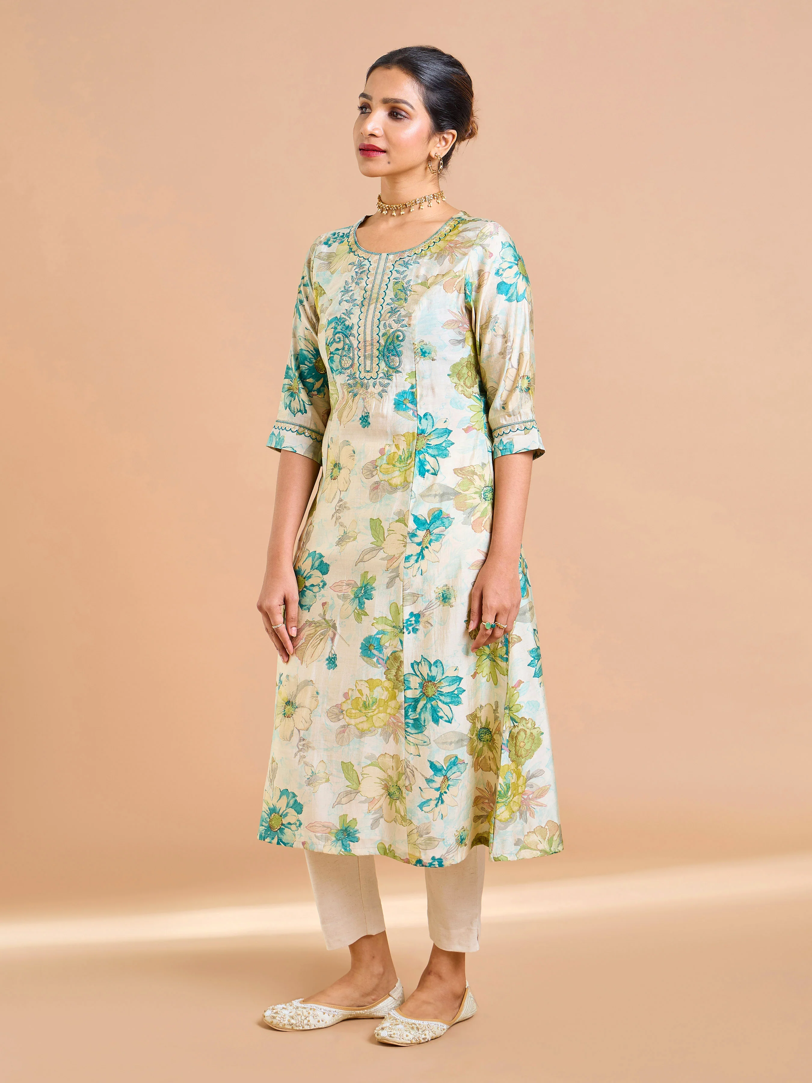 Aqua Blue Modal Chanderi Foil Printed Kurti With Sequins Embroidery - Image 4