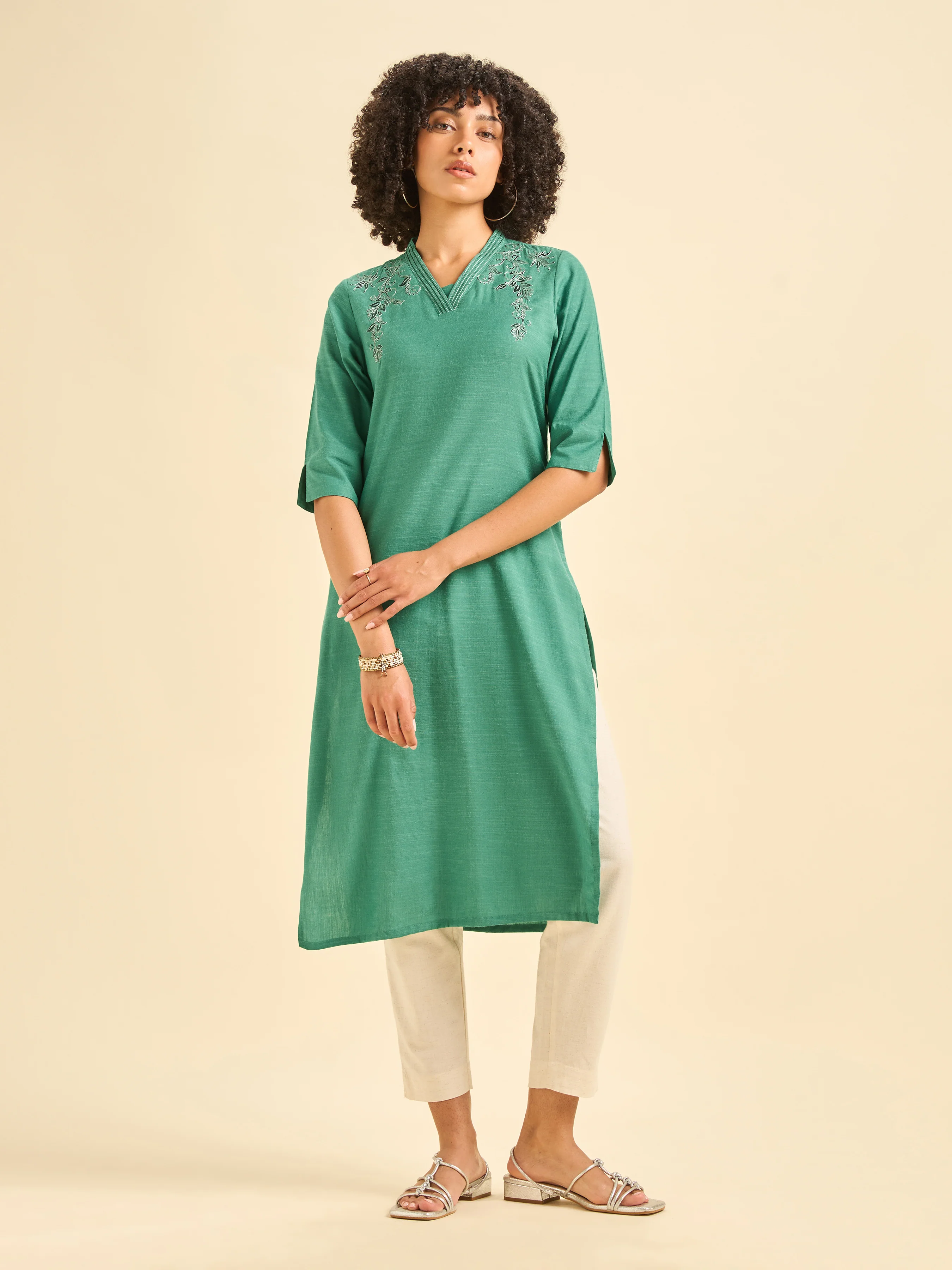 Aqua Green Cotton Viscose Flared Kurti With Embroidery - Image 5