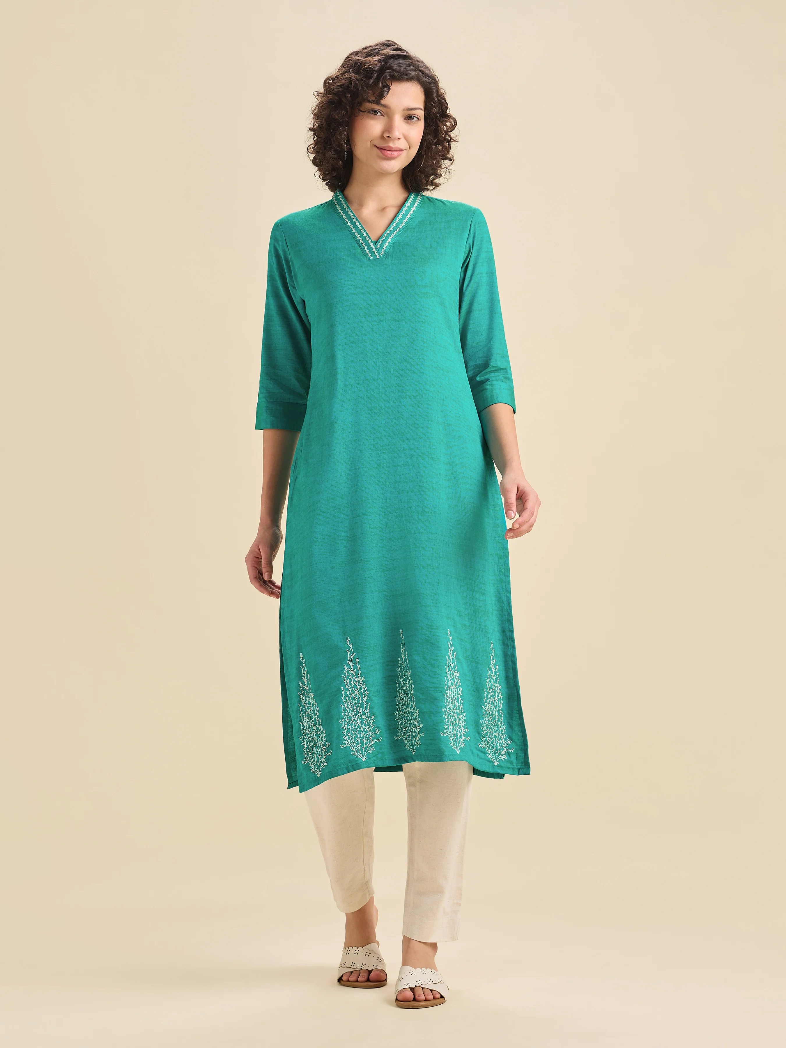 Aqua Green Cotton Viscose Kurti With Embroidery