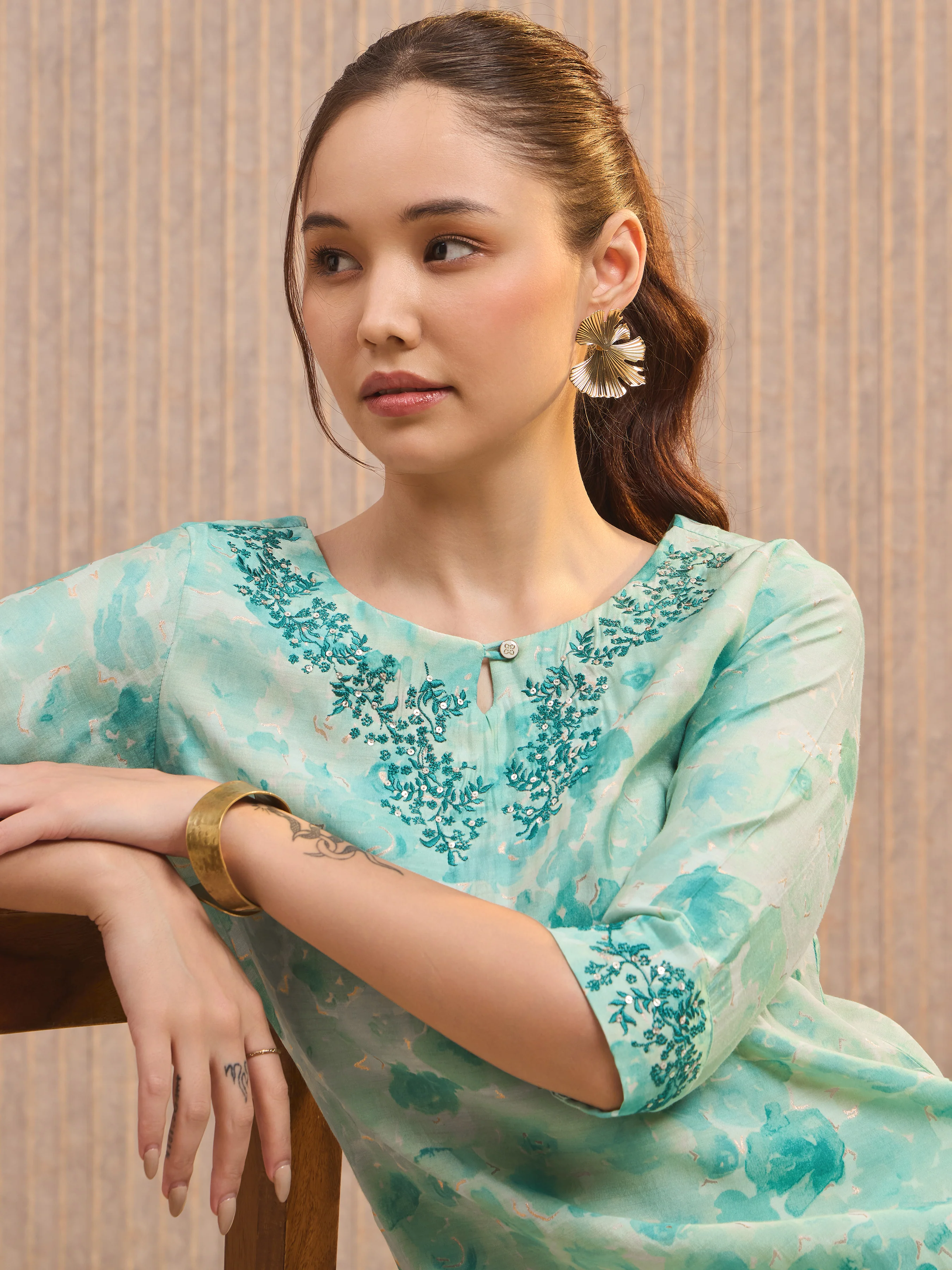 Aqua Green Modal Chanderi Foil Printed Kurti With Embroidery& Sequins Work - Image 2