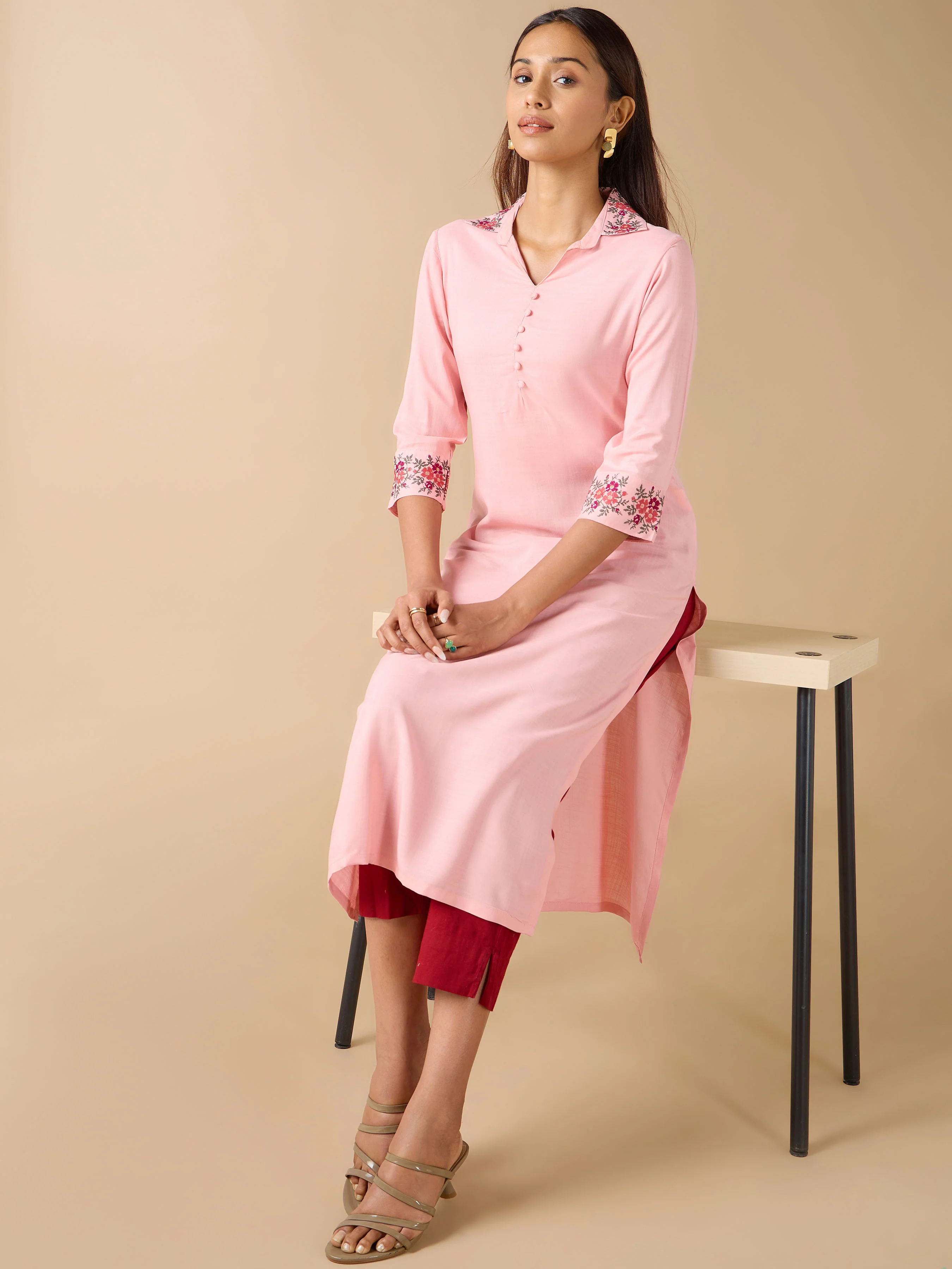 Baby Pink Viscose Slub Kurti With Cross Stitch Embroidery - Image 3