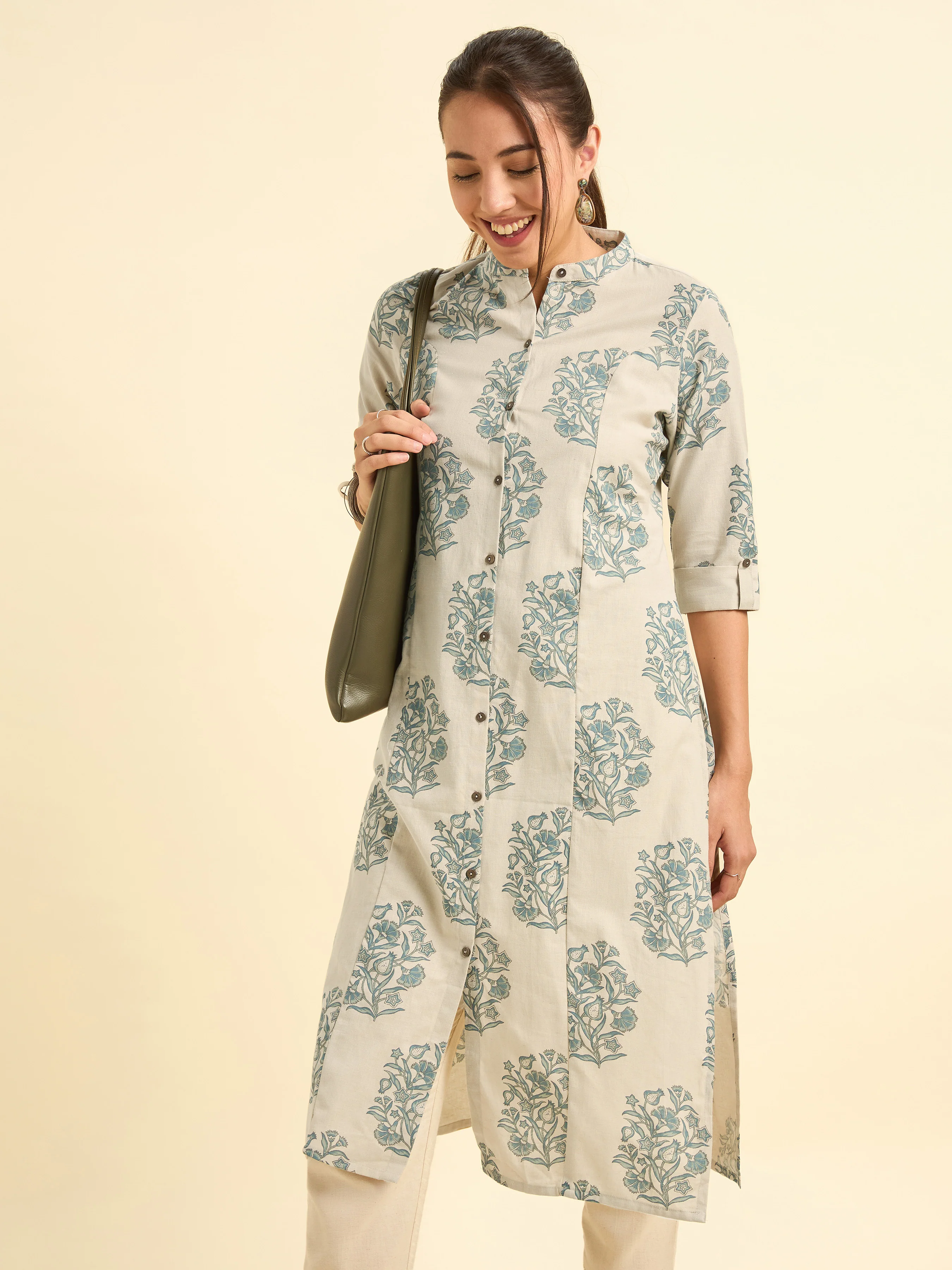 Beige Colour Cotton Flax Printed Slitted Kurti With Placket - Image 3
