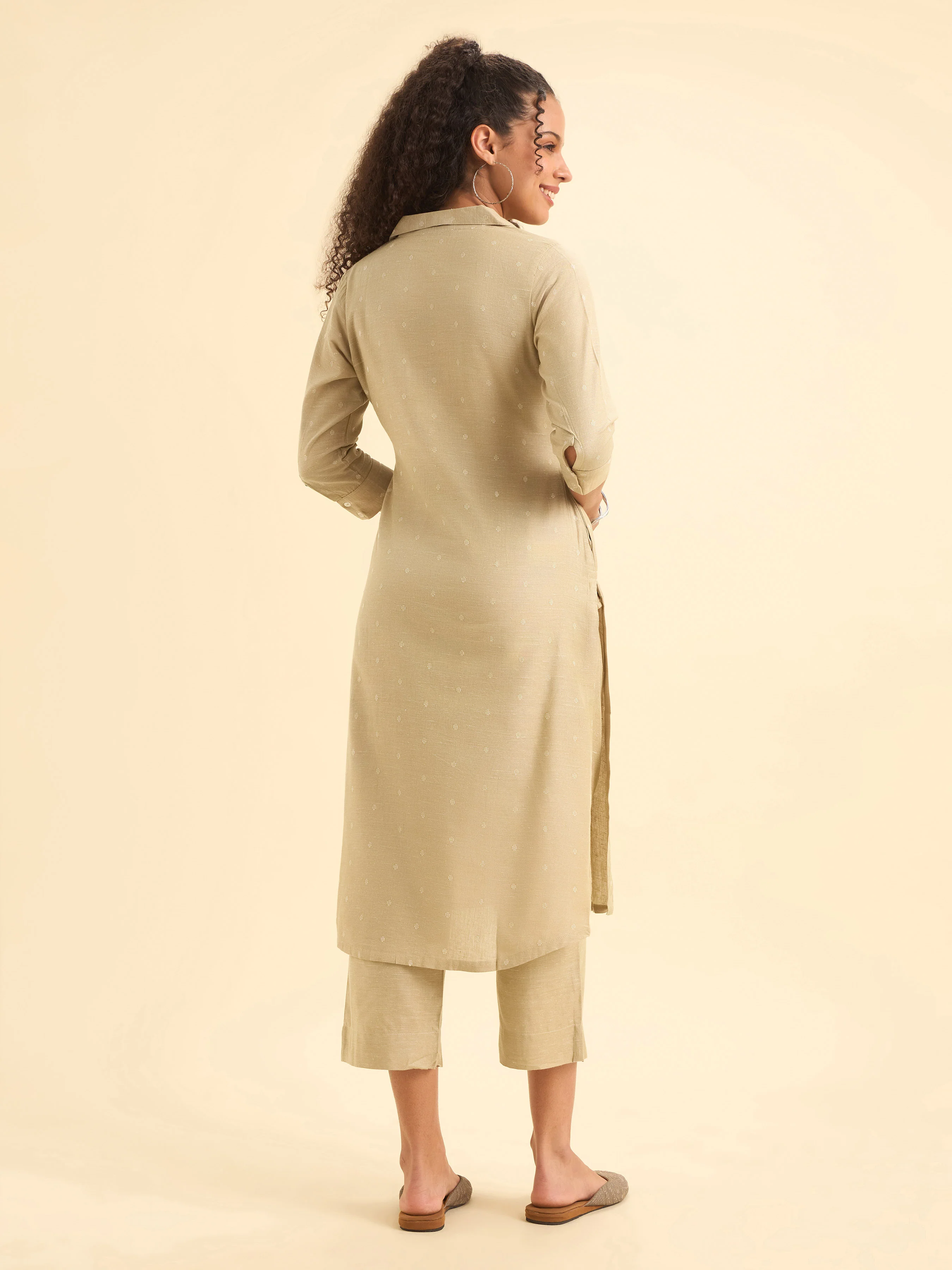 Beige Cotton Dobby Plain Slitted Kurti Set With Curved Hem Line - Image 6