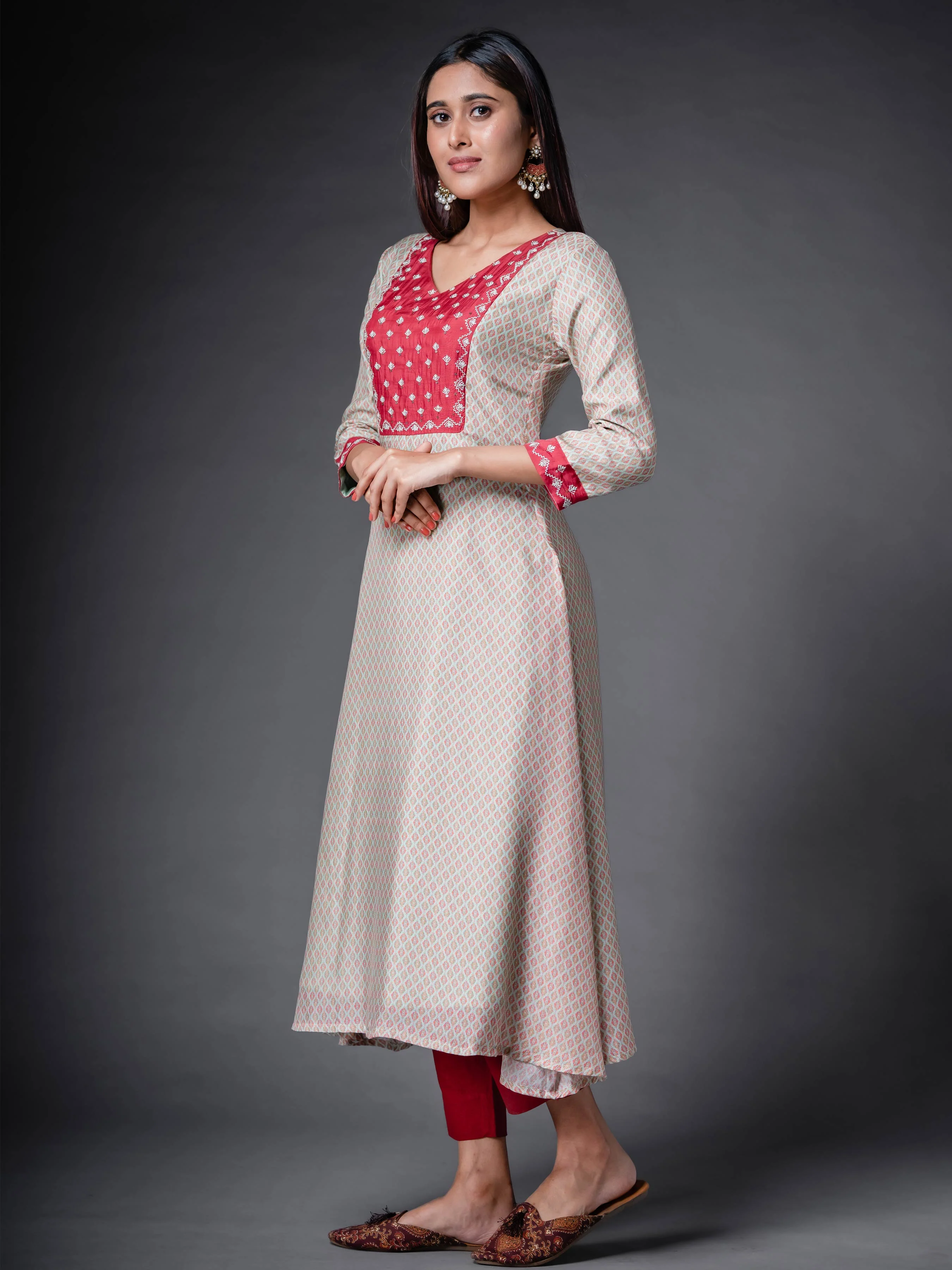 Beige Muslin Silk Kurti With Print And Hand Work - Image 3