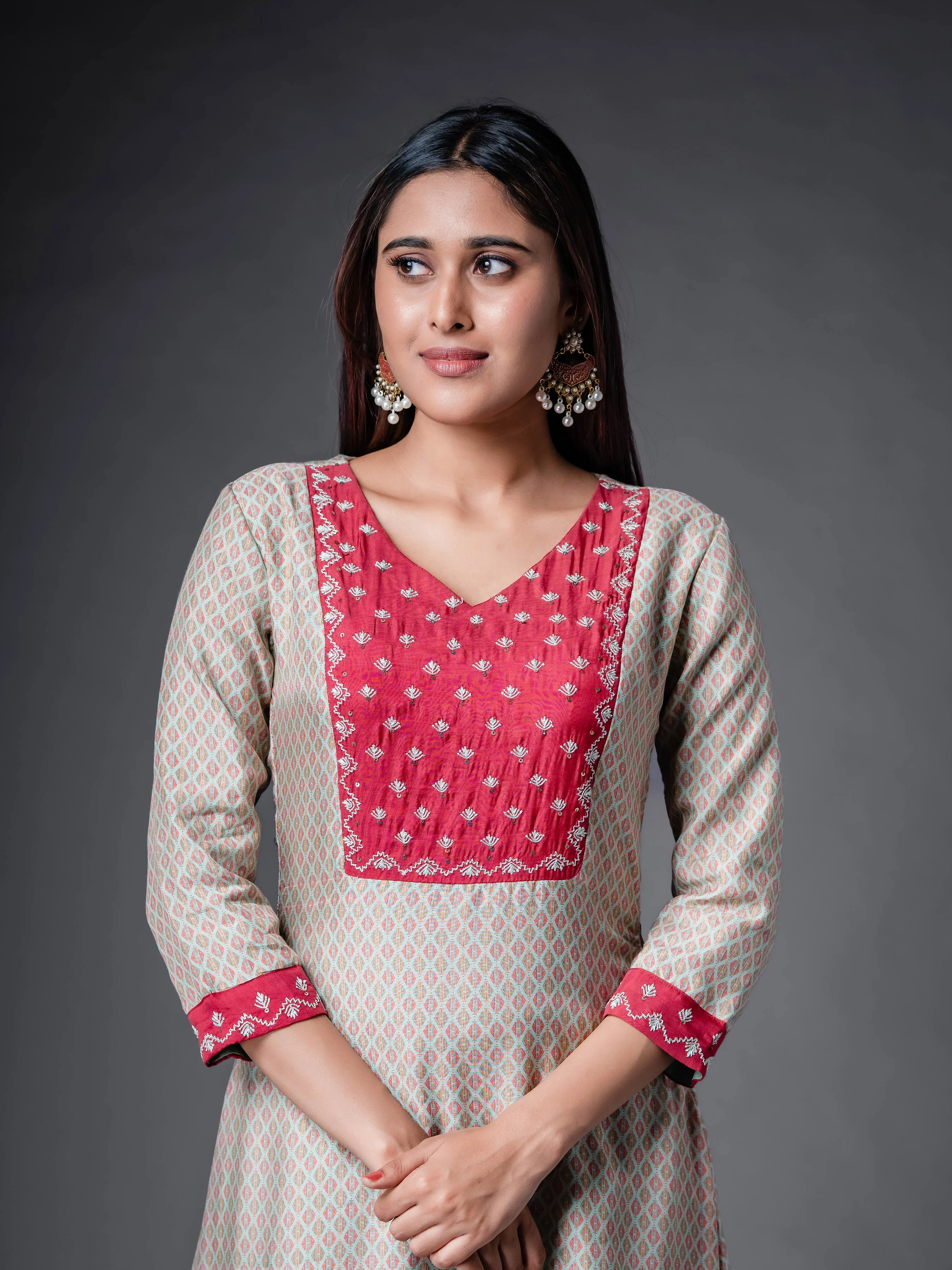 Beige Muslin Silk Kurti With Print And Hand Work - Image 6