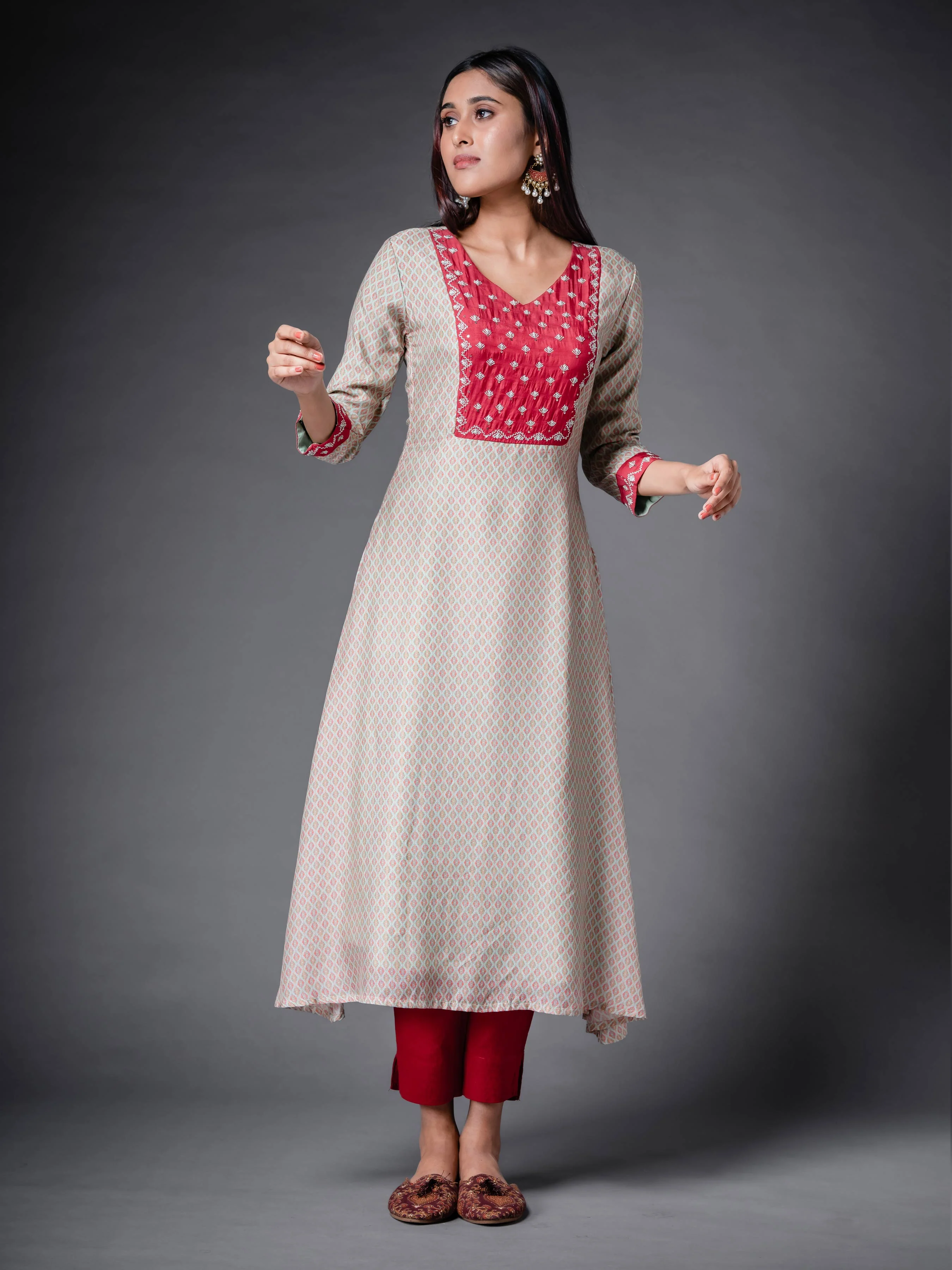 Beige Muslin Silk Kurti With Print And Hand Work - Image 9