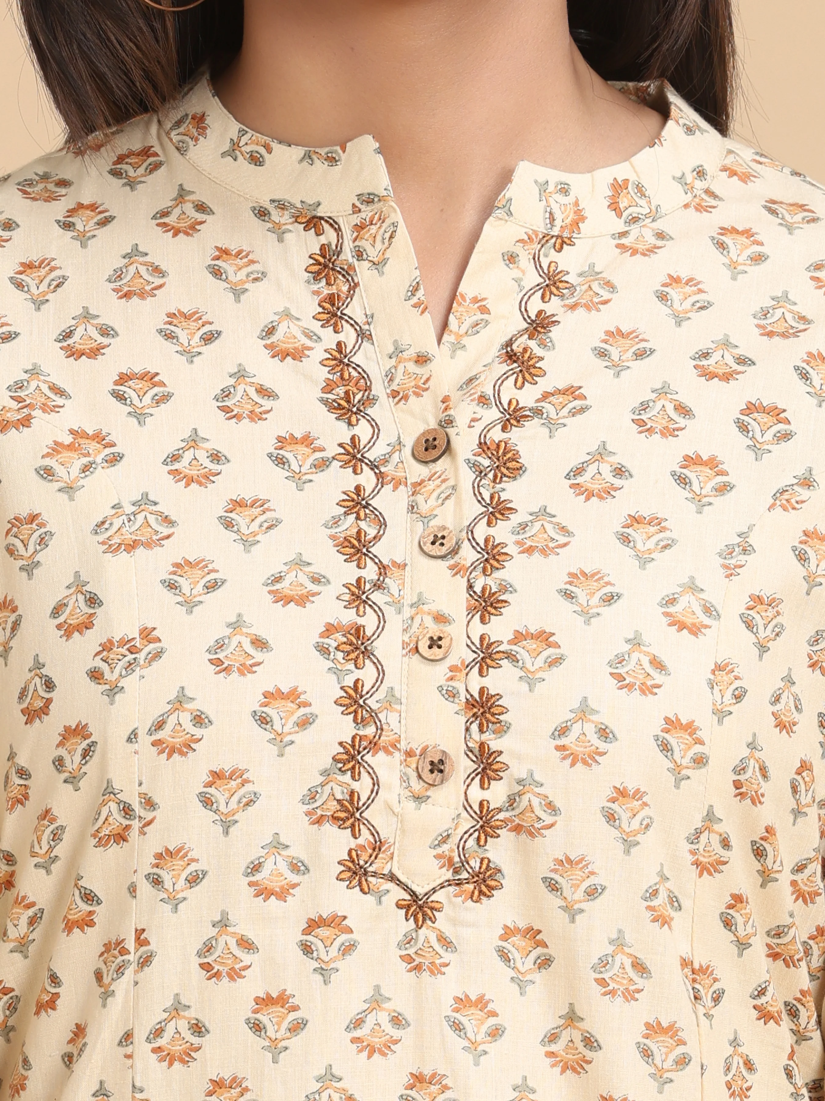 Beige Pure Cotton Printed Kurti - Image 2