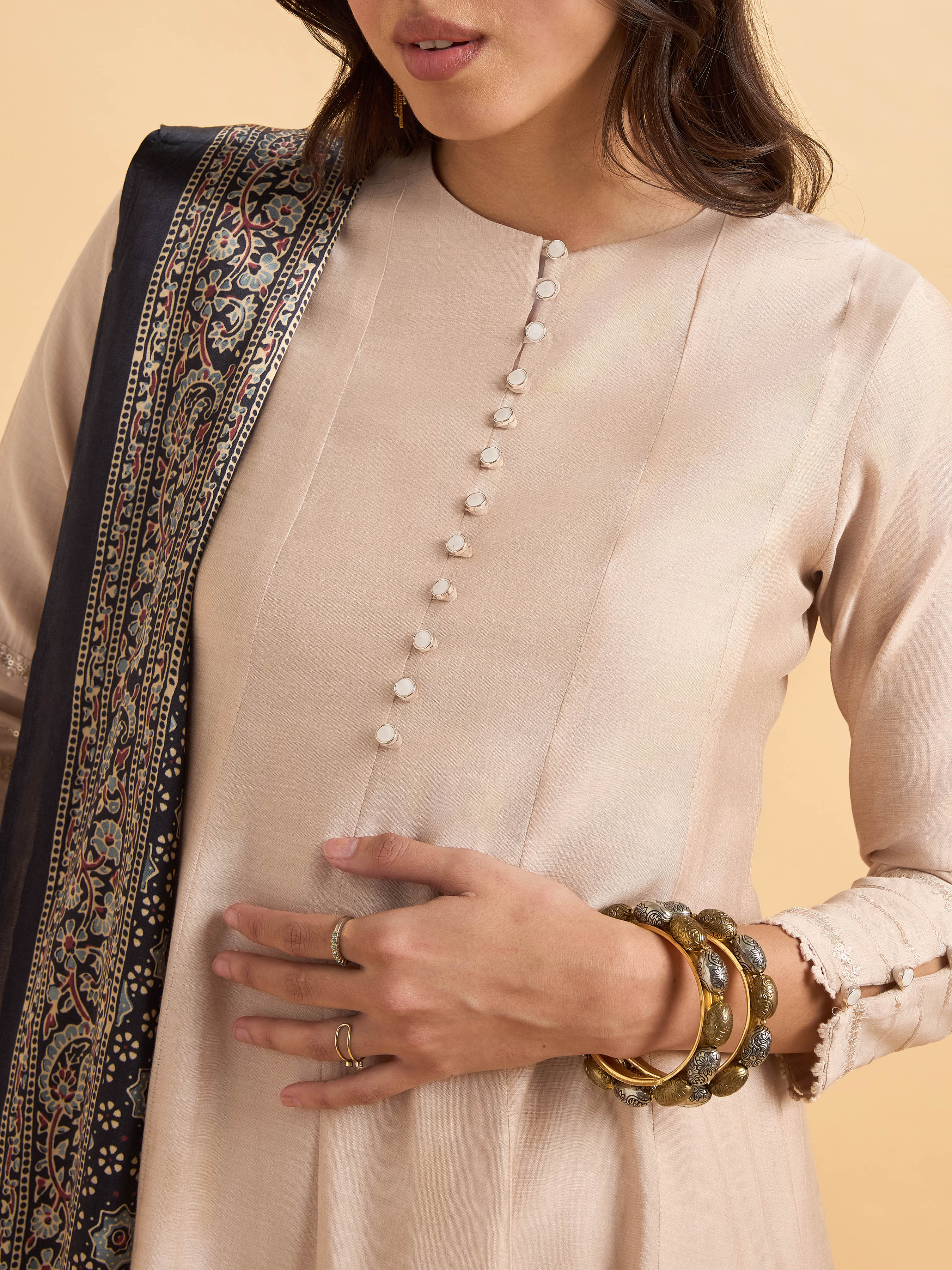 Beige Viscose Blend Kurti Set With Dupatta And Embroidery - Image 2