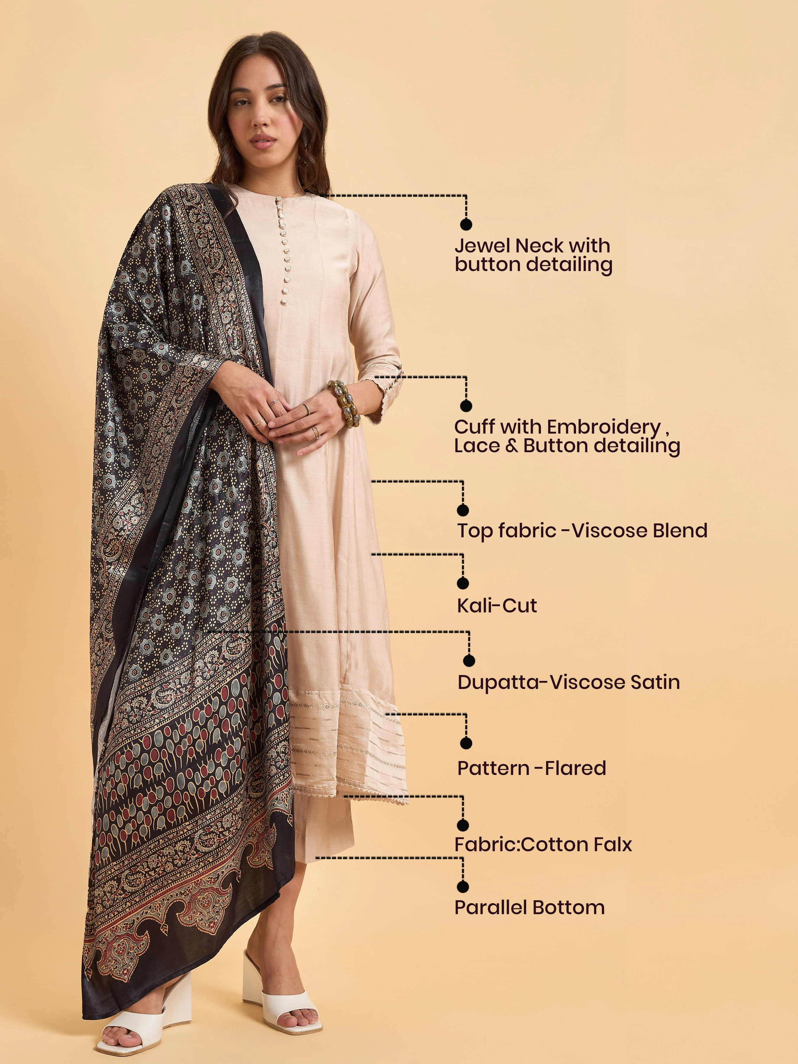 Beige Viscose Blend Kurti Set With Dupatta And Embroidery - Image 7