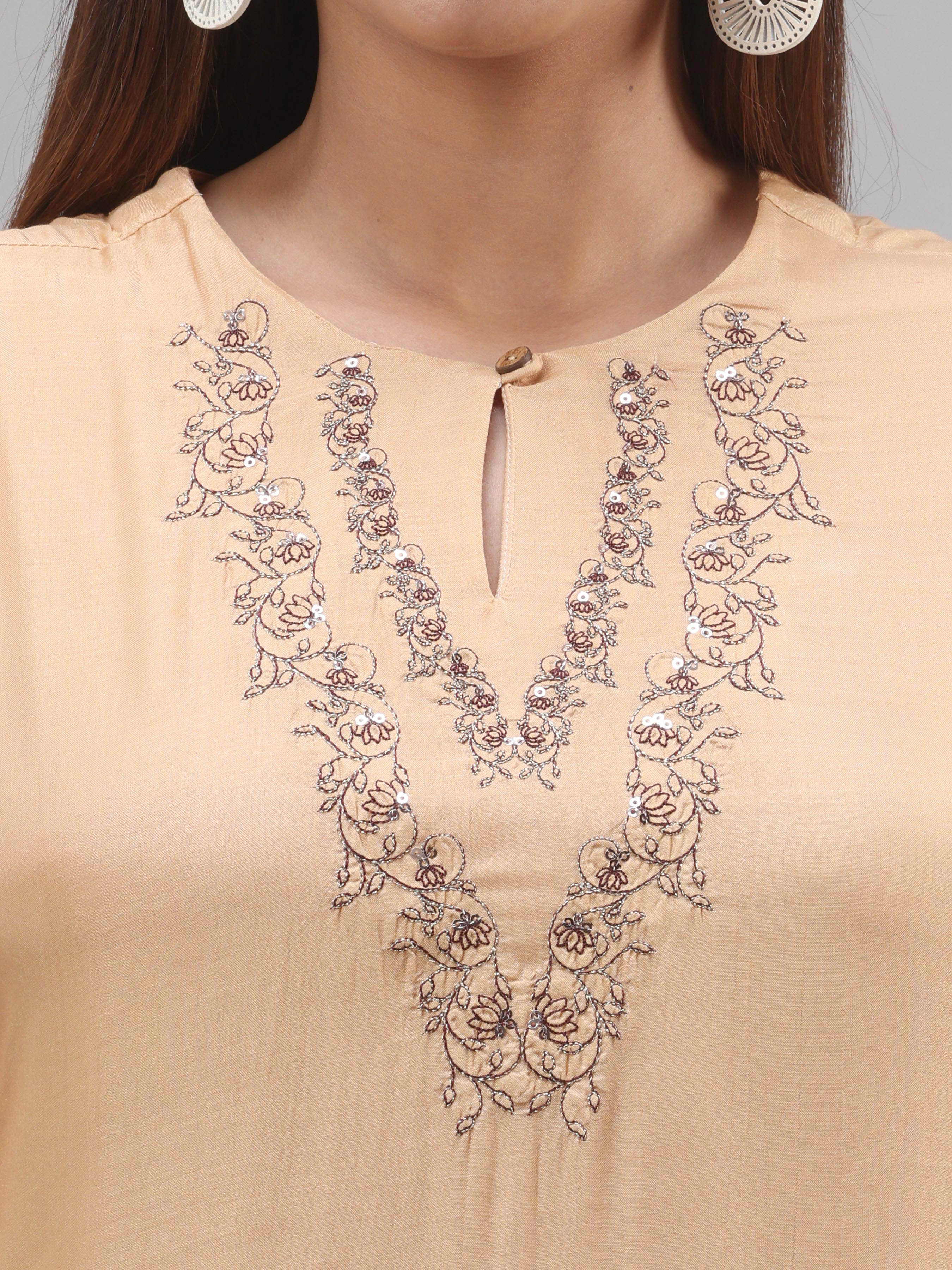 Beige Viscose Plain Kurti With Embroidery - Image 2