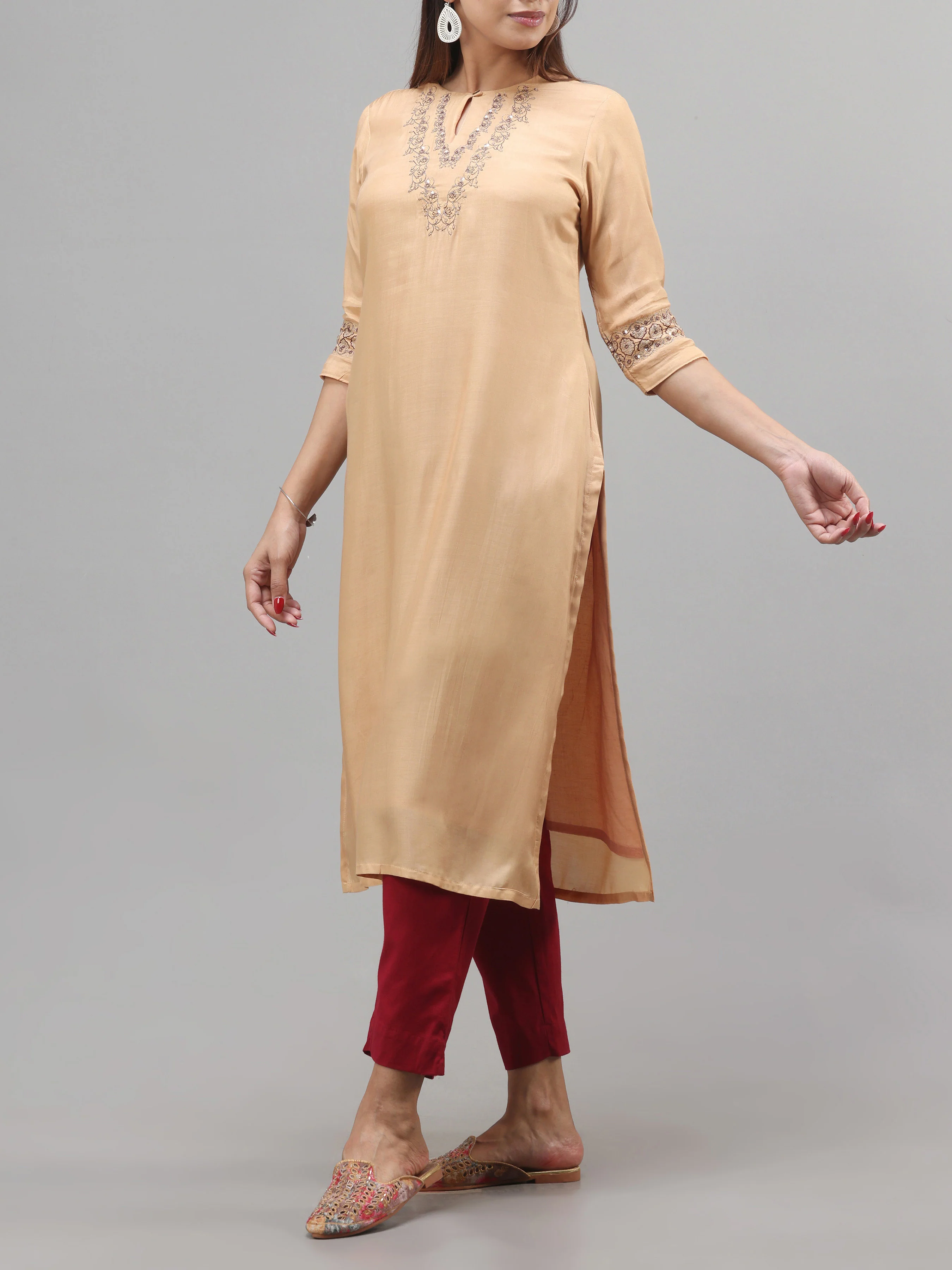 Beige Viscose Plain Kurti With Embroidery - Image 3