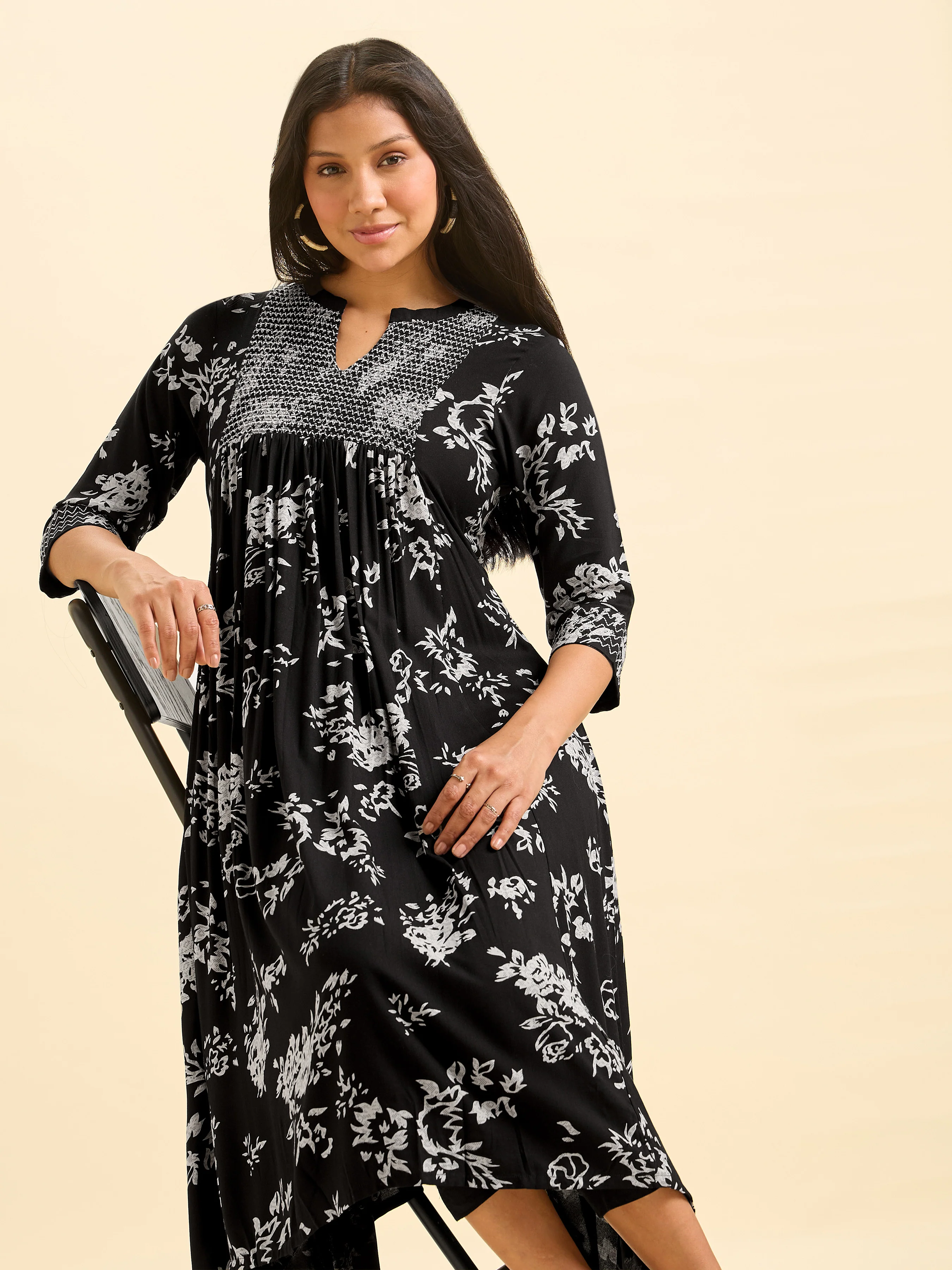 Black And Ivory Viscose Printed Flared Kurti With Smocking Embroidery - Image 3