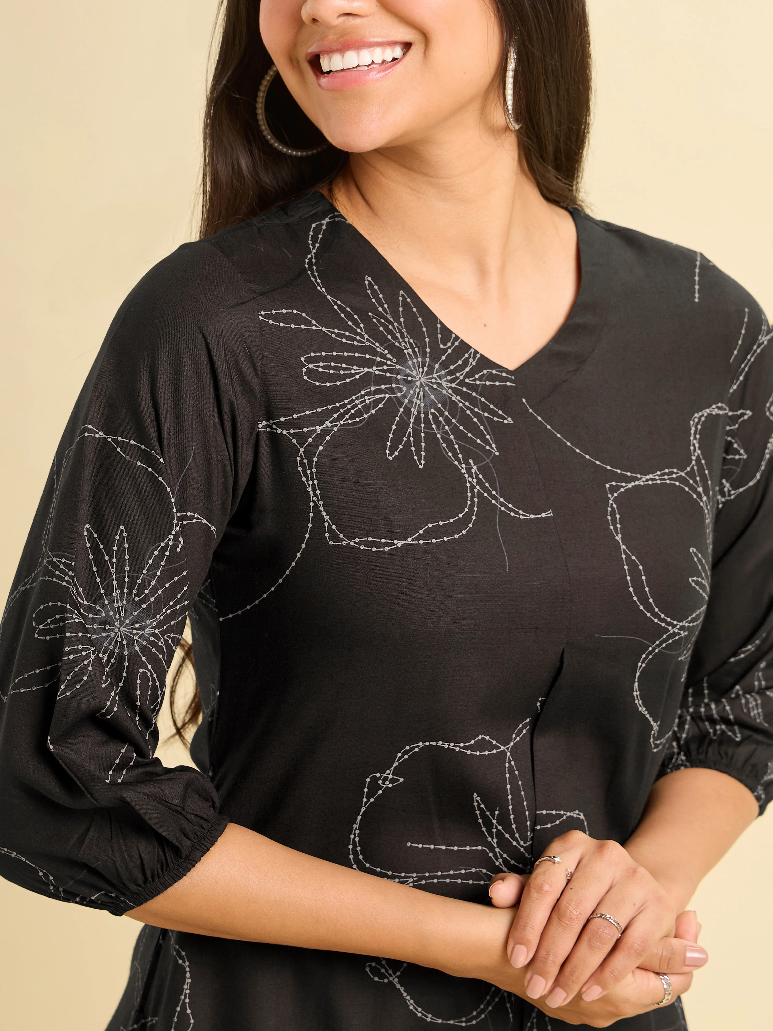 Black And White Tencel Printed Flared Kurti With Box Plaet - Image 2