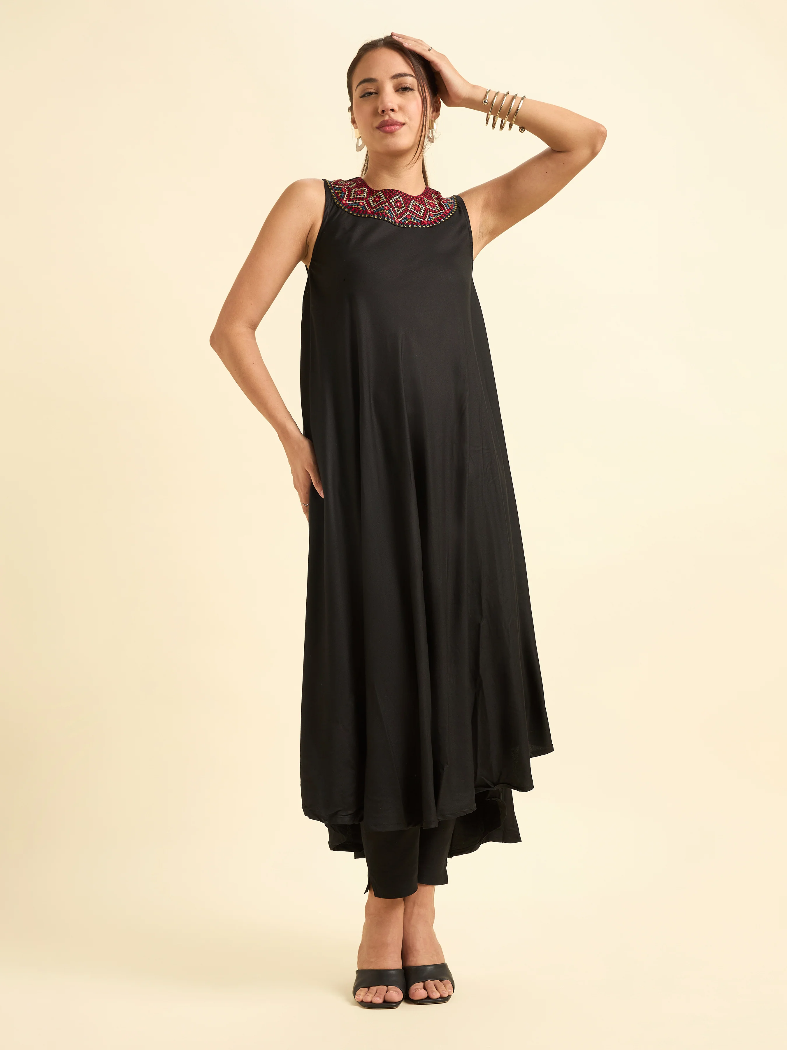 Black Colour Viscose Plain Flared Kurti With Mirror Work Embroidery - Image 4
