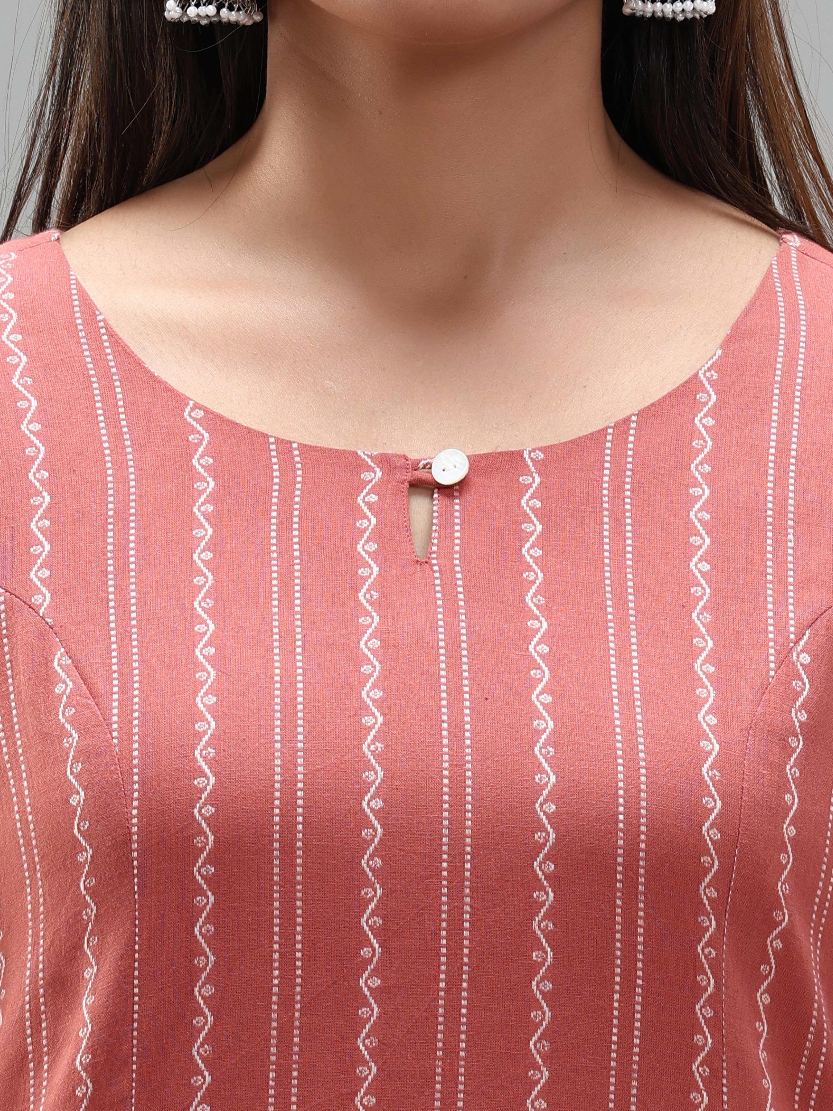 Onion Pink Cotton Dobby Kurti With Embroidery - Image 2