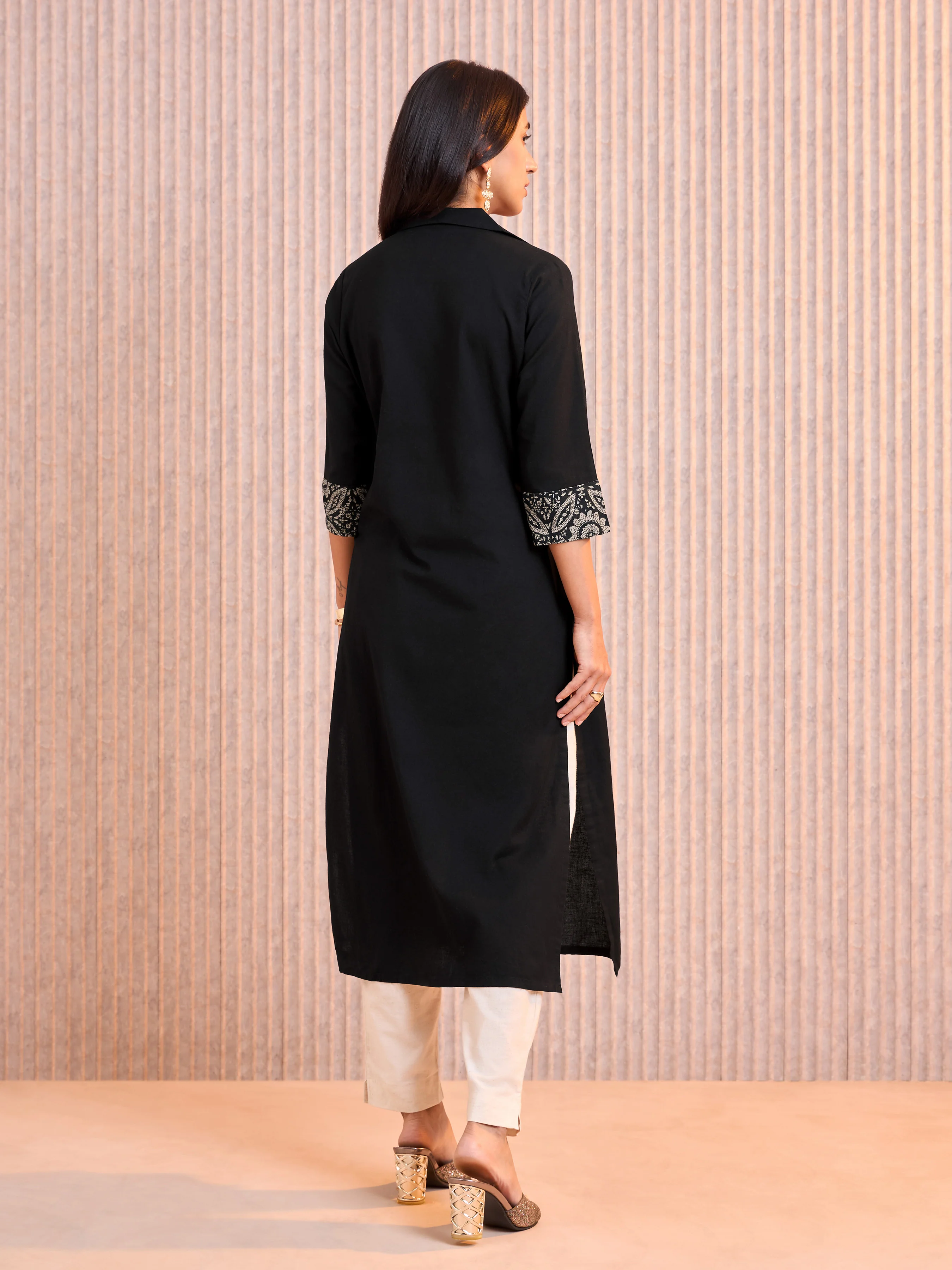 Black Cotton Flax Printed Kurti With Embroidery - Image 5