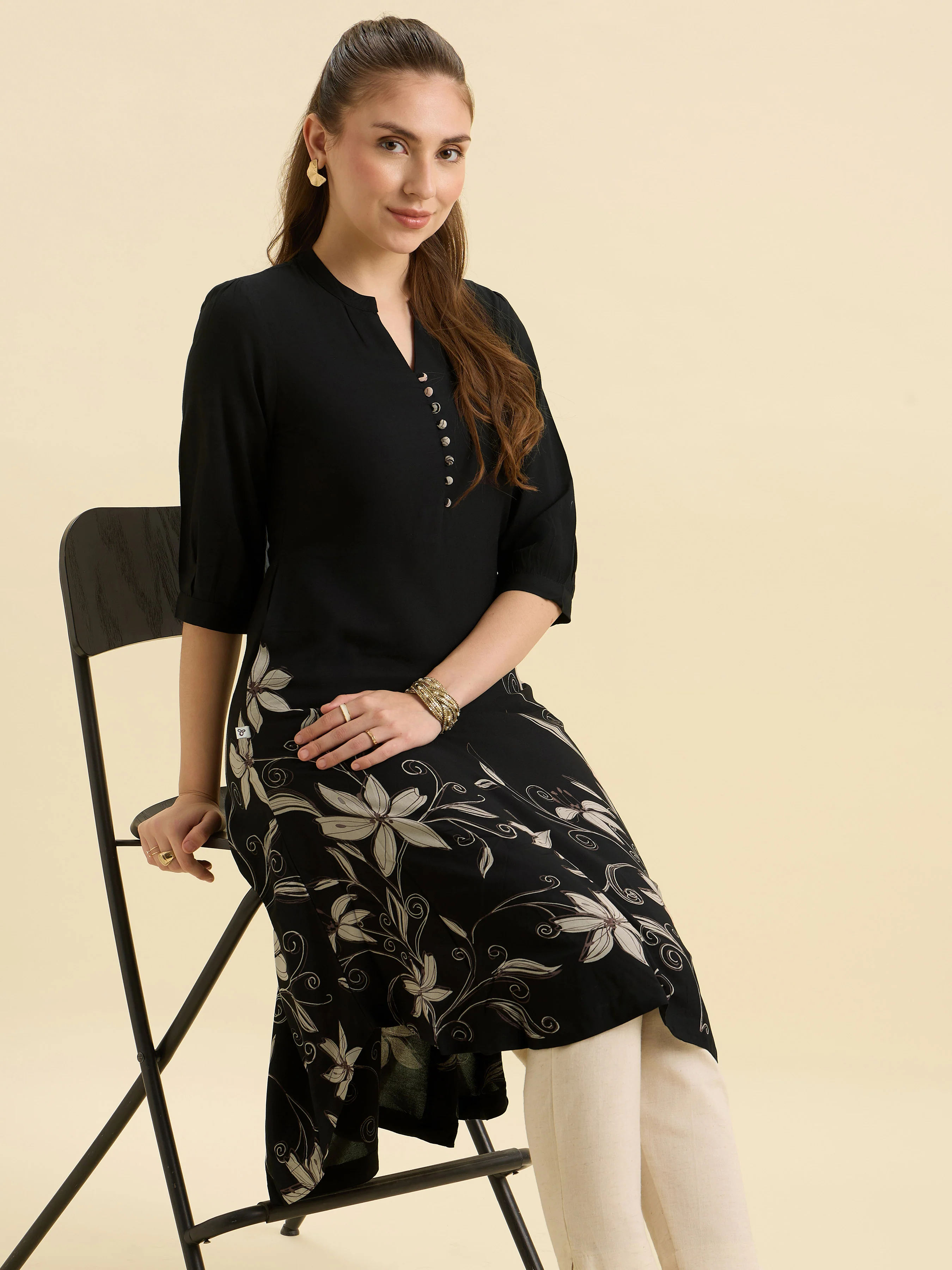 Black Flared Up And Down Printed Kurti - Image 4