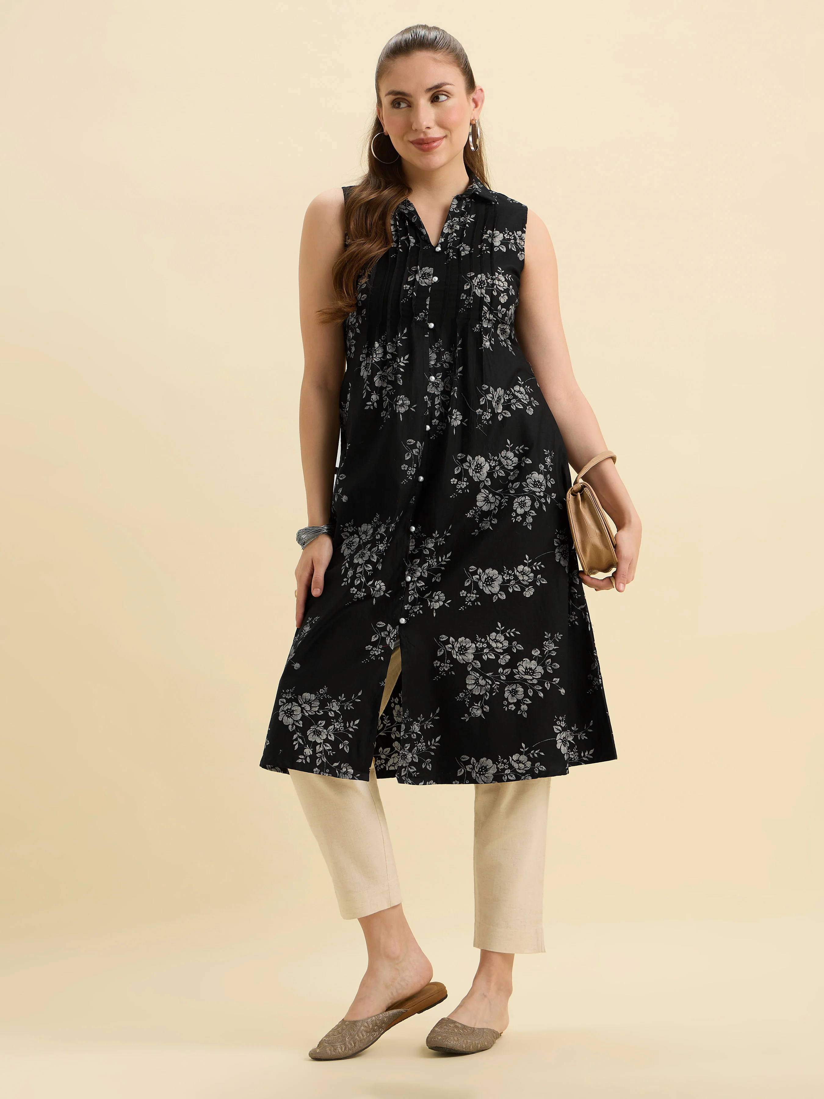 Black Ivory Cotton Satin Printed Flared Kurti With Pleats - Image 5