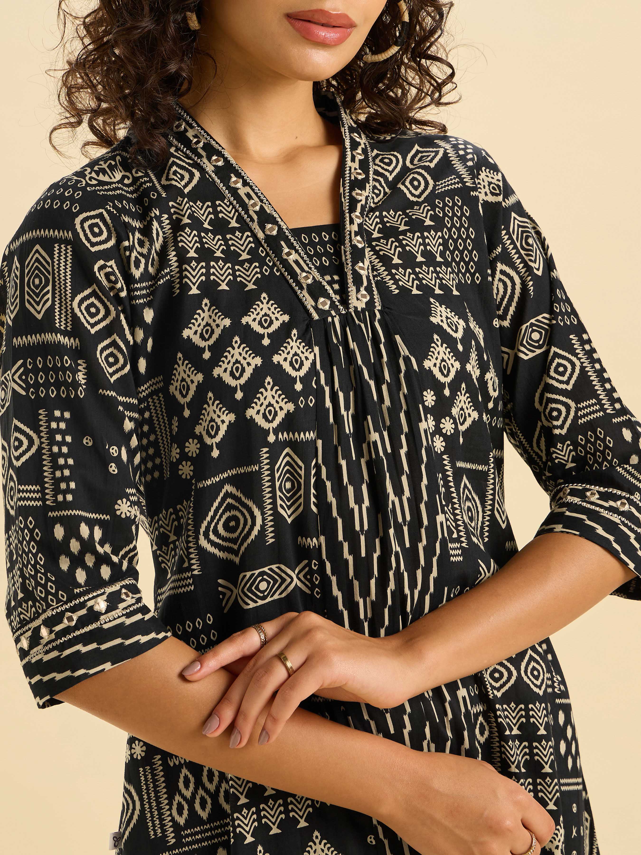 Black Ivory Pure Cotton Printed Flared Kurti Set With Mirror Work - Image 2