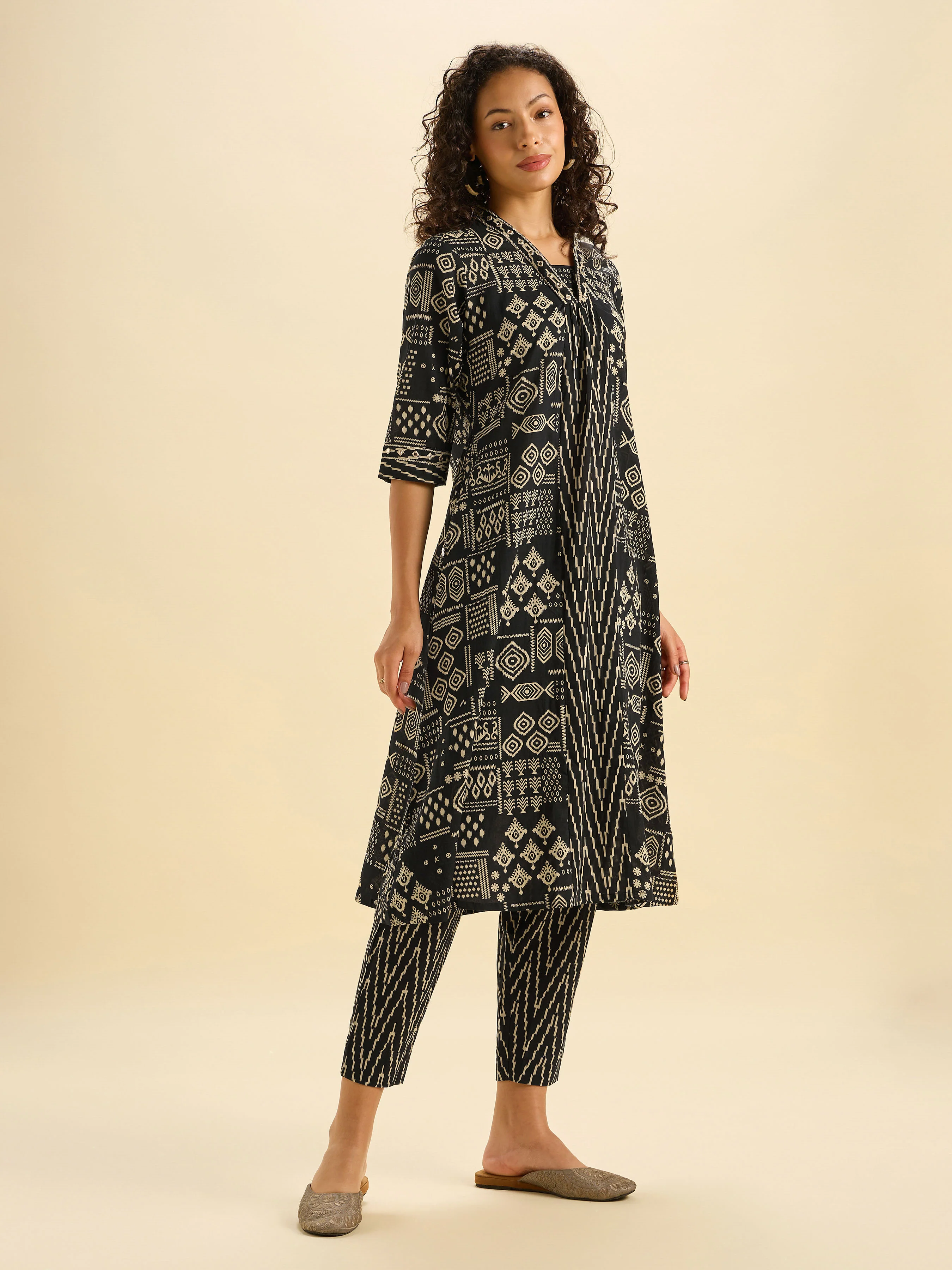 Black Ivory Pure Cotton Printed Flared Kurti Set With Mirror Work - Image 4