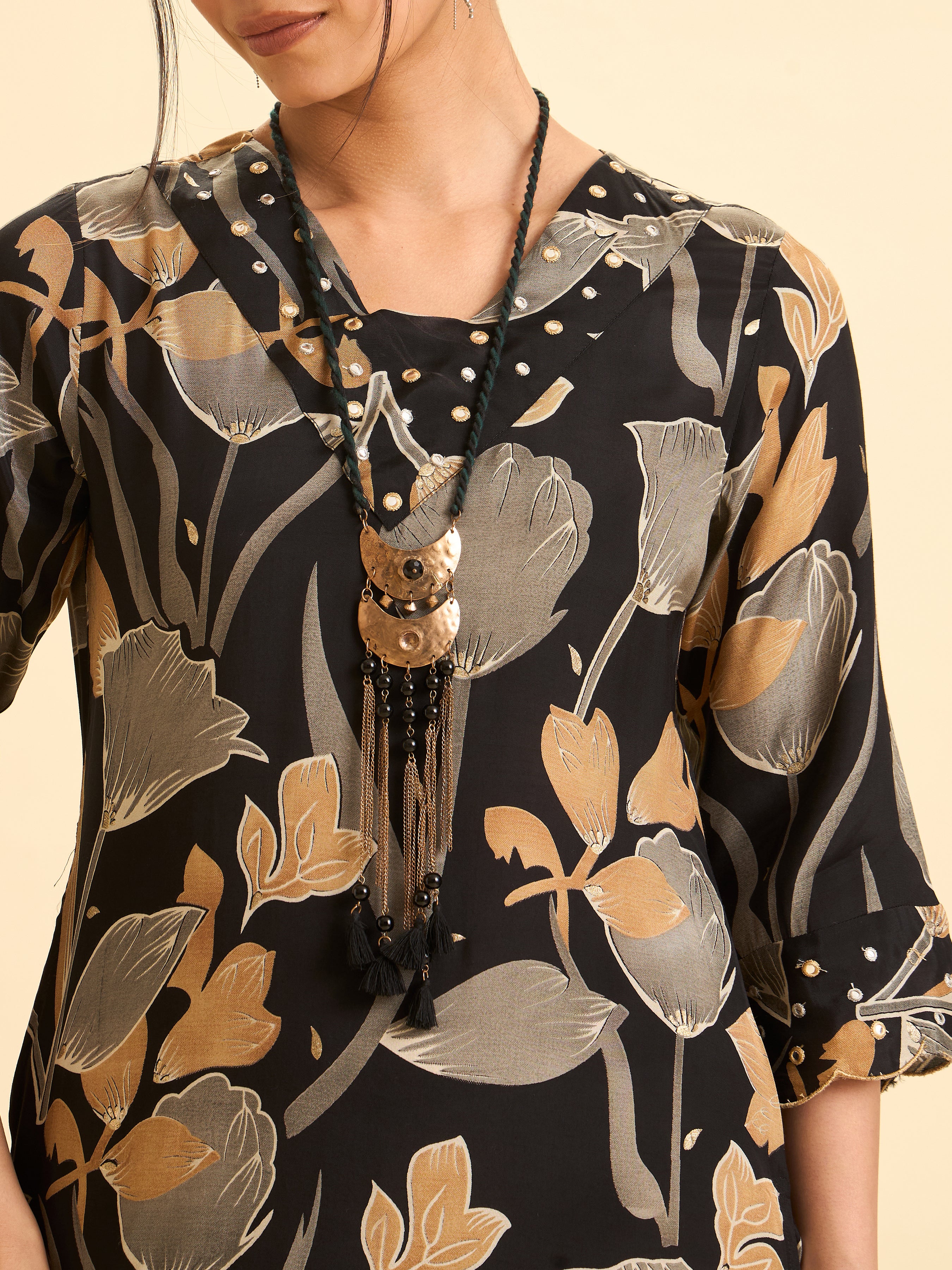 Black Modal Satin Slitted Kurti With Multi Colour Print And Mirror Work - Image 2