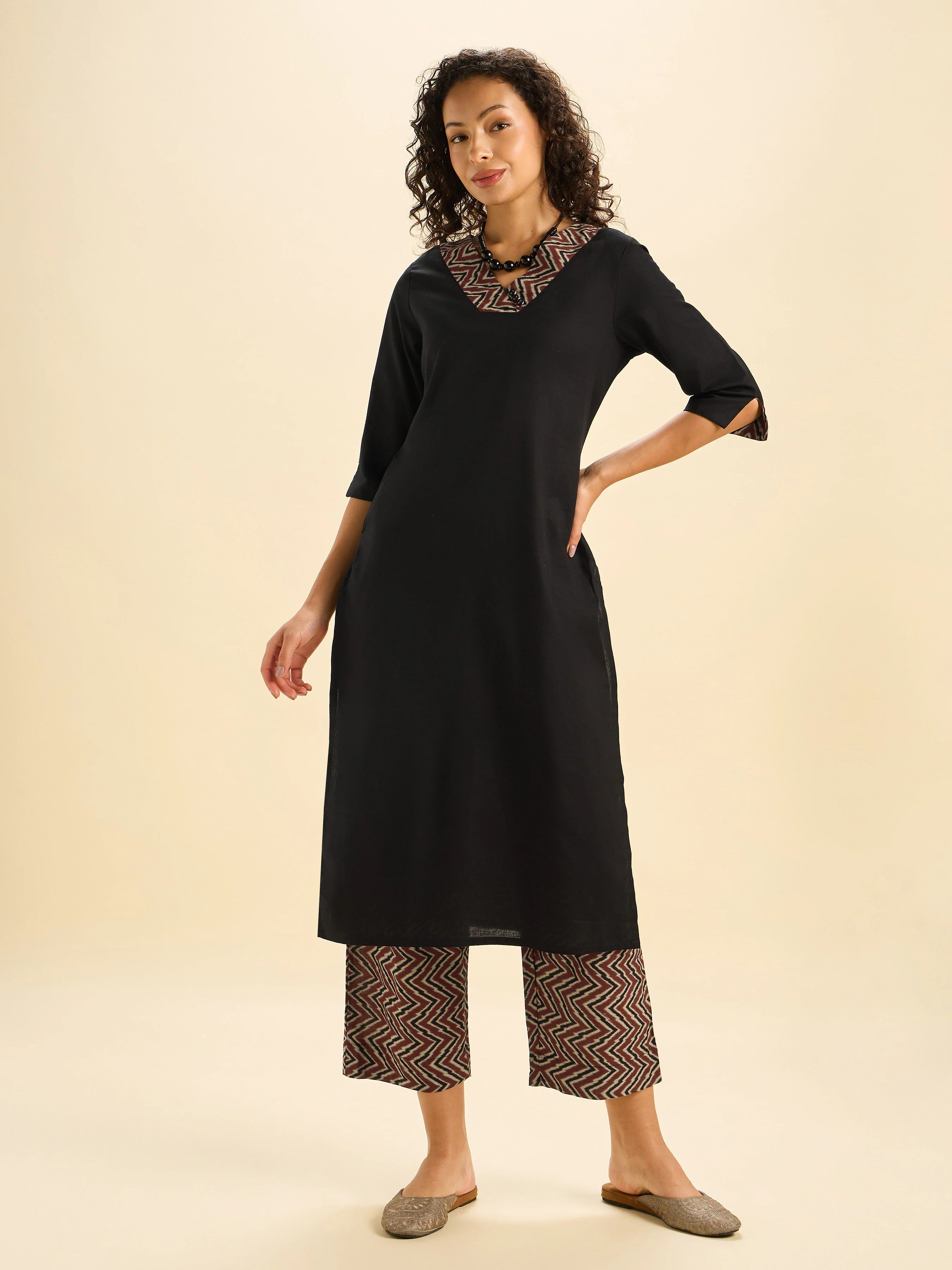 Black Multi Colour Cotton Flax Slitted Kurti Set