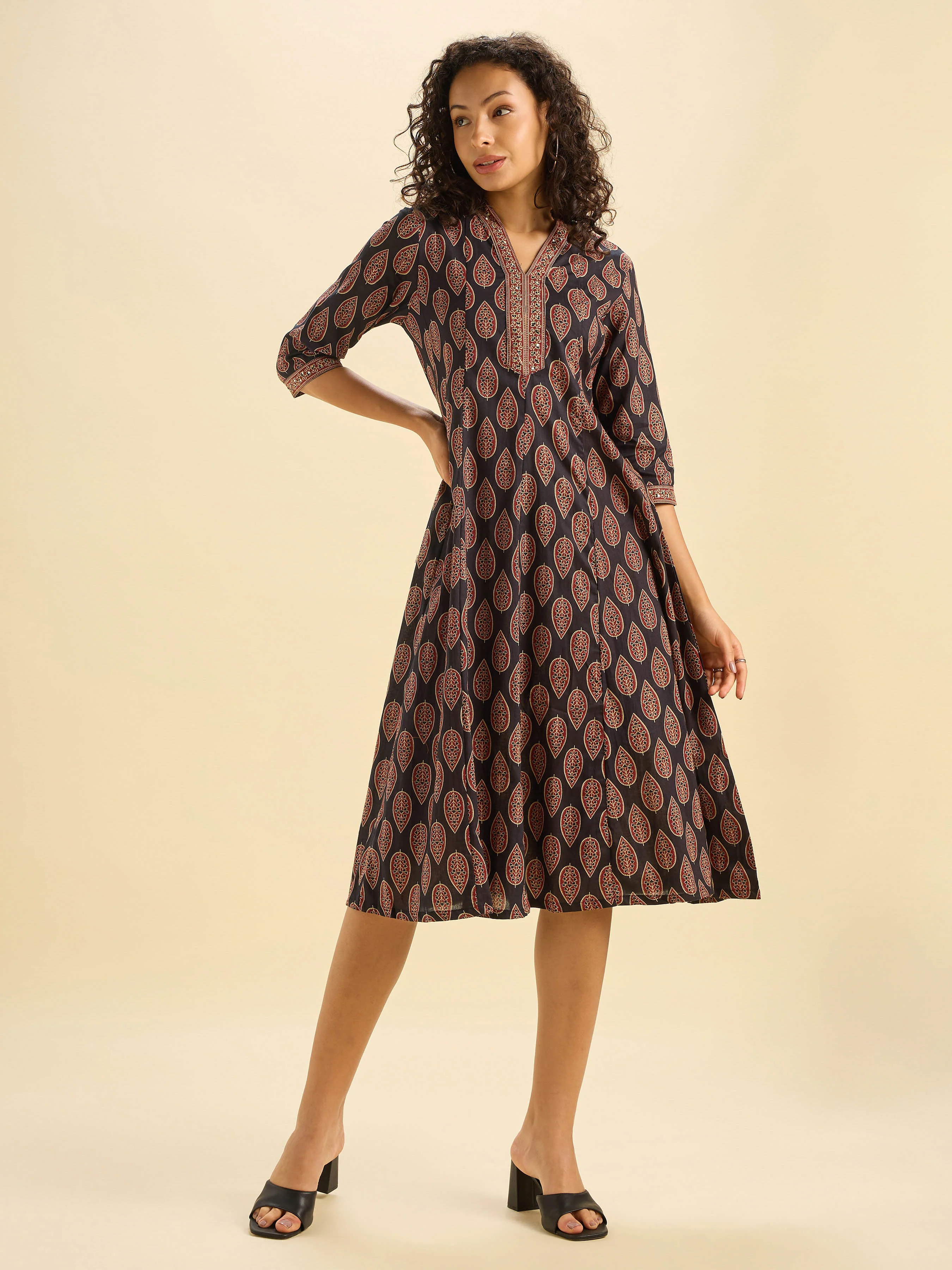 Black Multi Cotton Printed Flared Kalicut Kurti With Sequins Work - Image 2