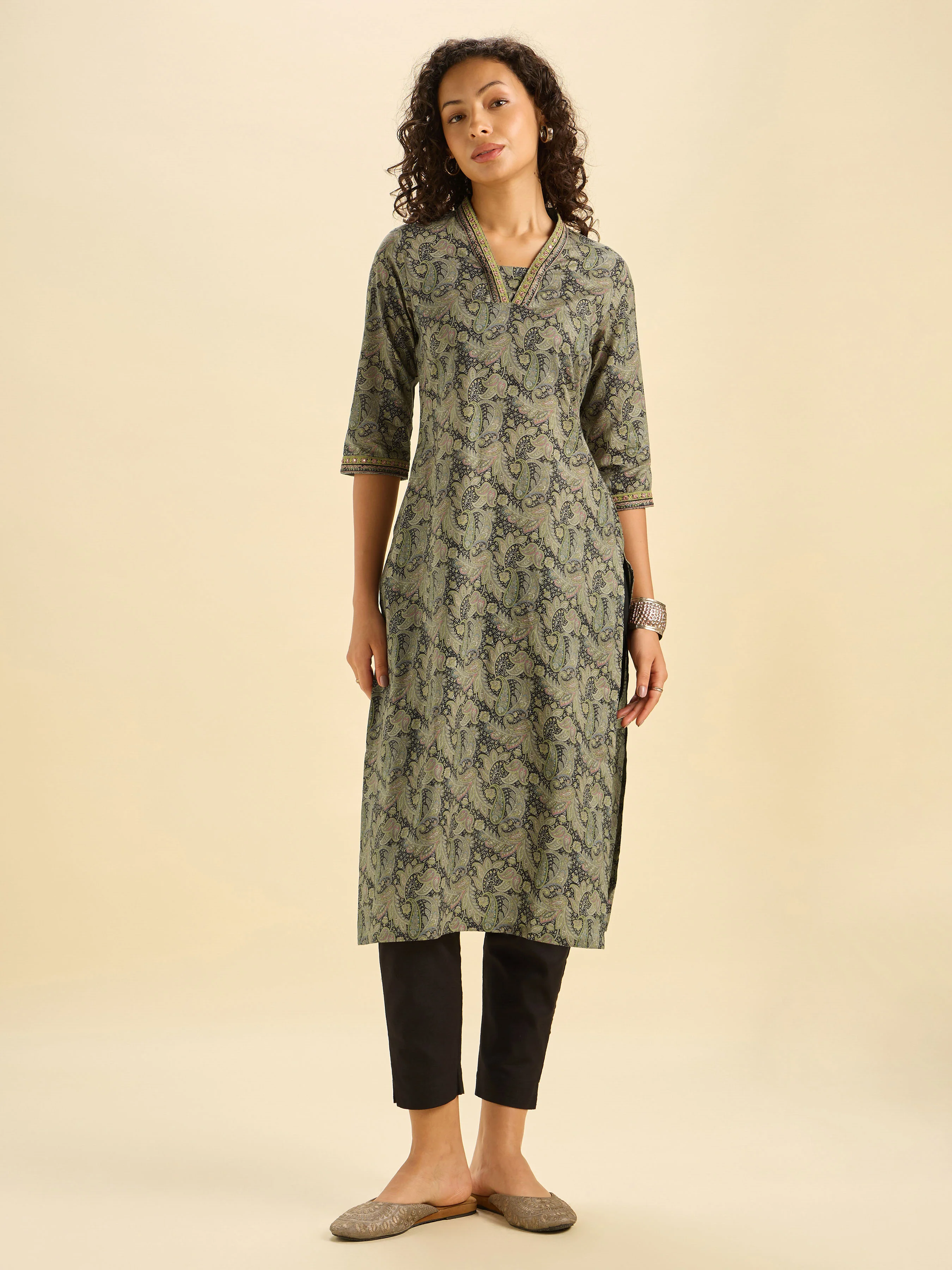Black Multi Cotton Printed Slitted Kurti With Mirror Work