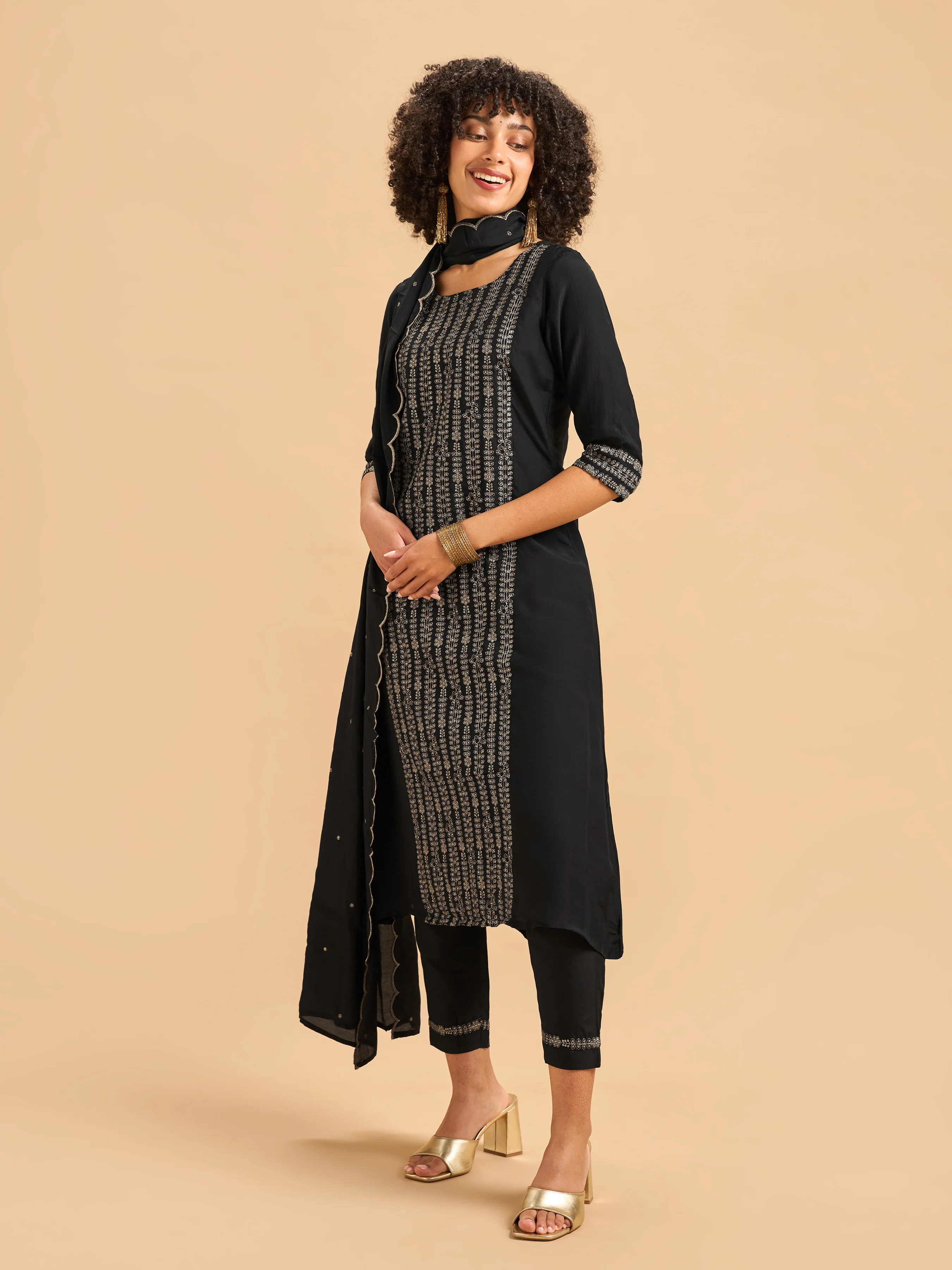 Black Muslin Kurti Set & Dupatta With Sequins Work - Image 6