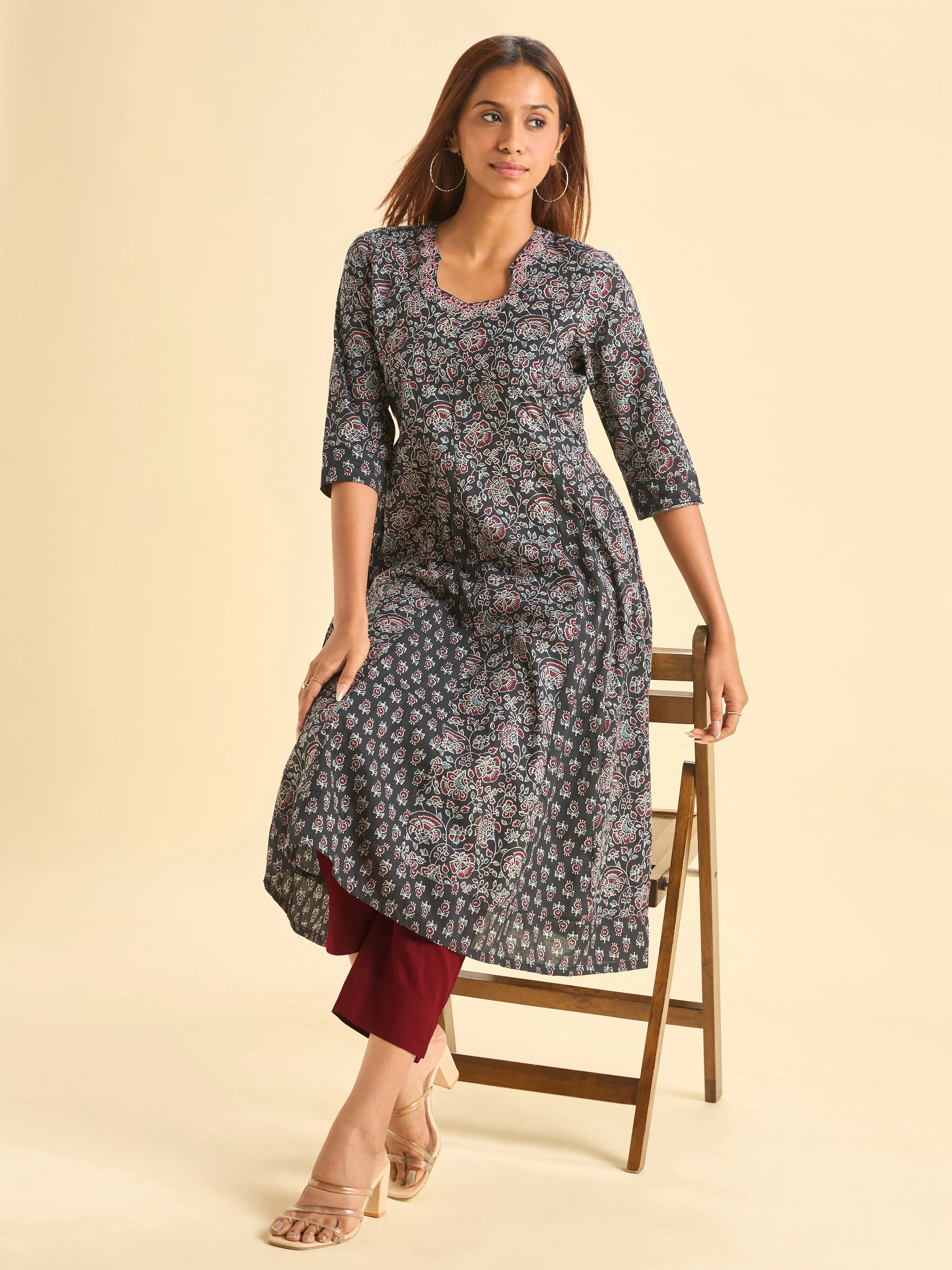 Black Pure Cotton Printed Flared Kalicut Kurti With Embroidery And Sequins - Image 3