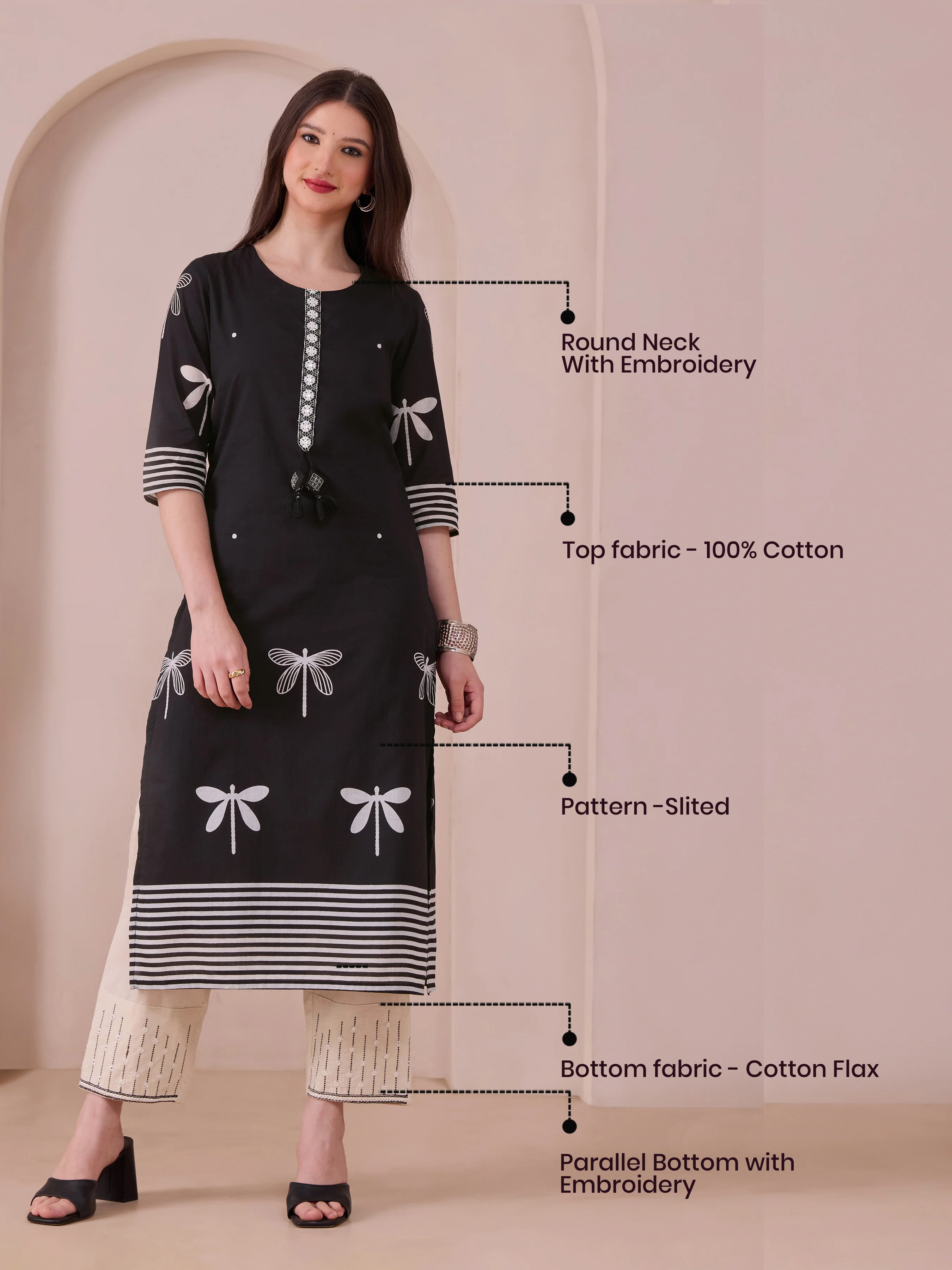 Black Pure Cotton Printed Kurti Set With Mirror Work - Image 7