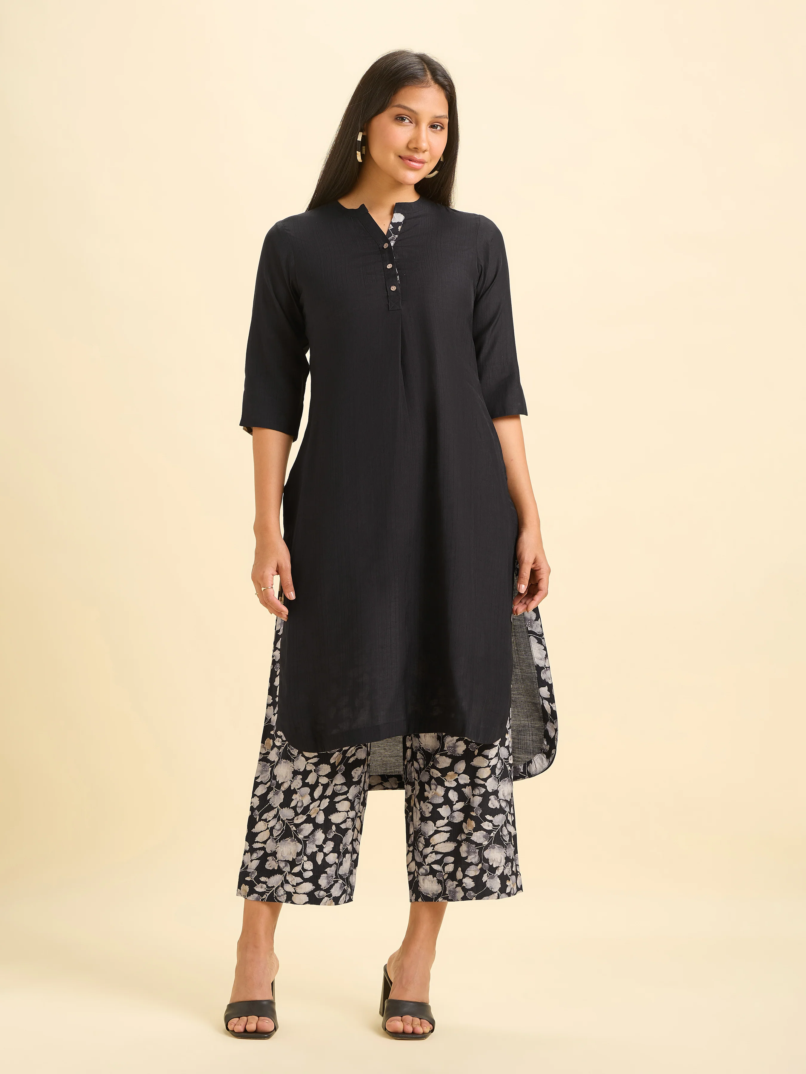 Black Viscose Blend Slit Kurti Set With High - Low Hem Line