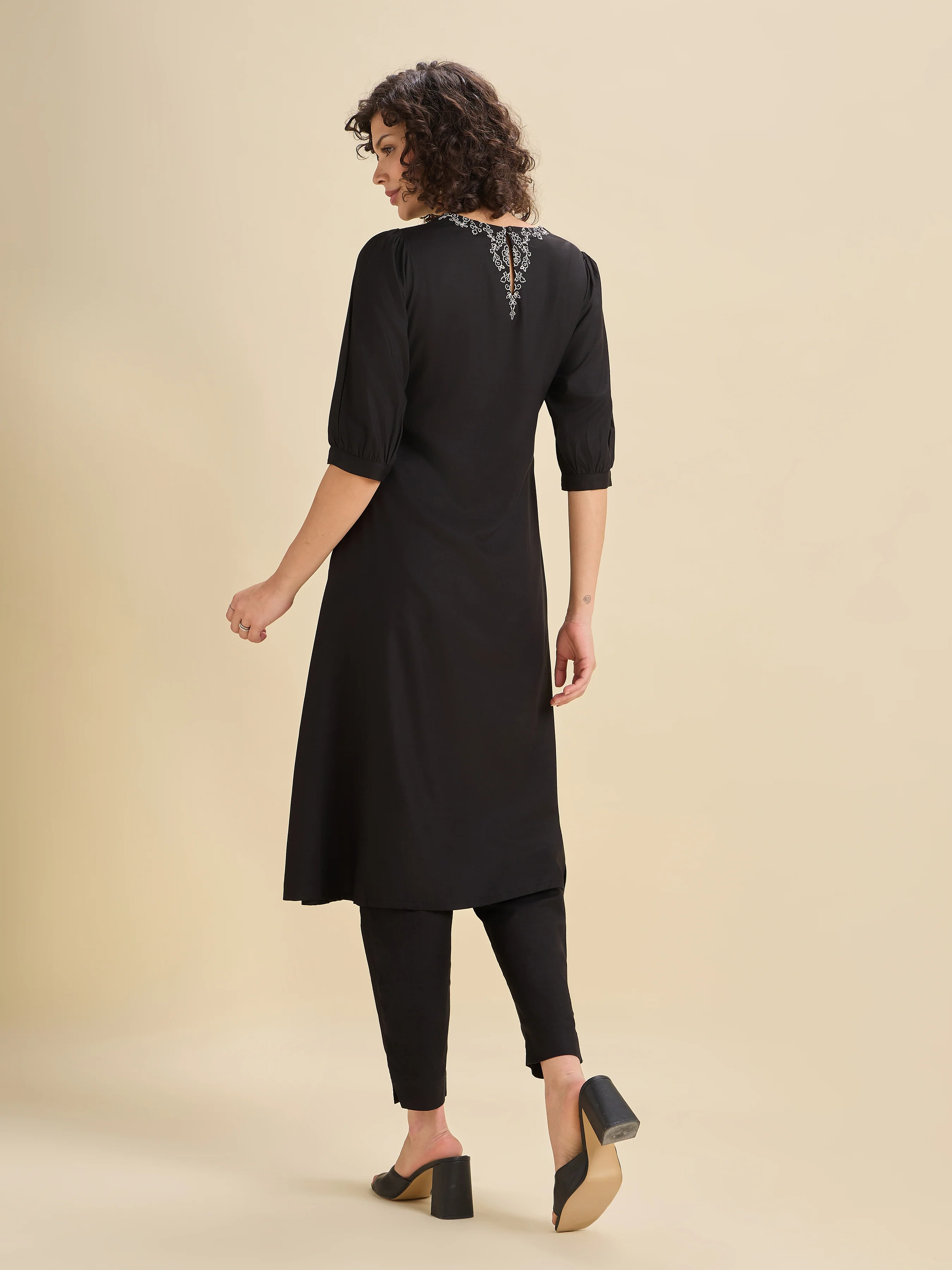 Black Viscose Plain Flared Center Panel Kurti With Embroidery - Image 5