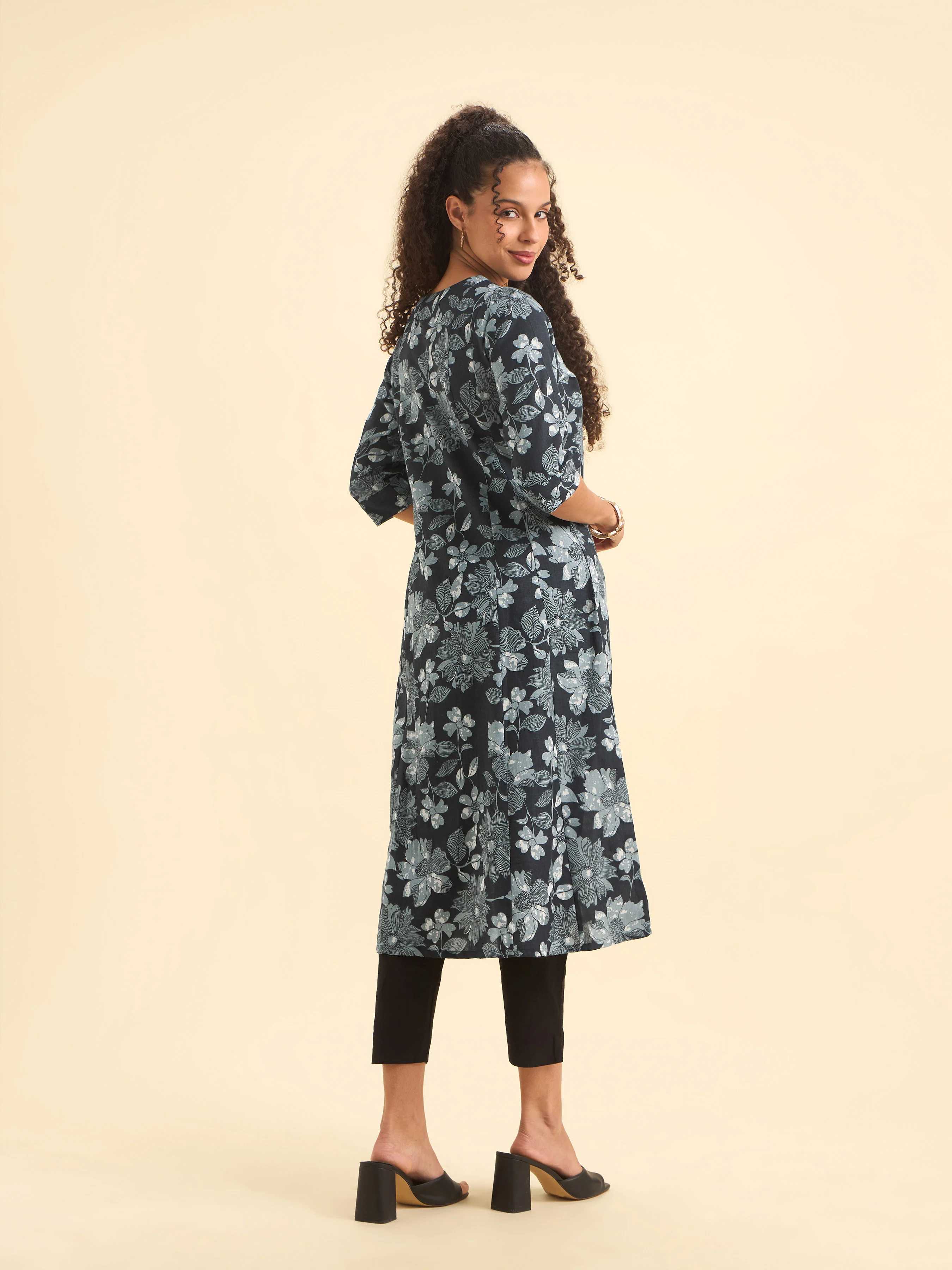 Black White Colour Cotton Flax Flared Kurti - Image 5