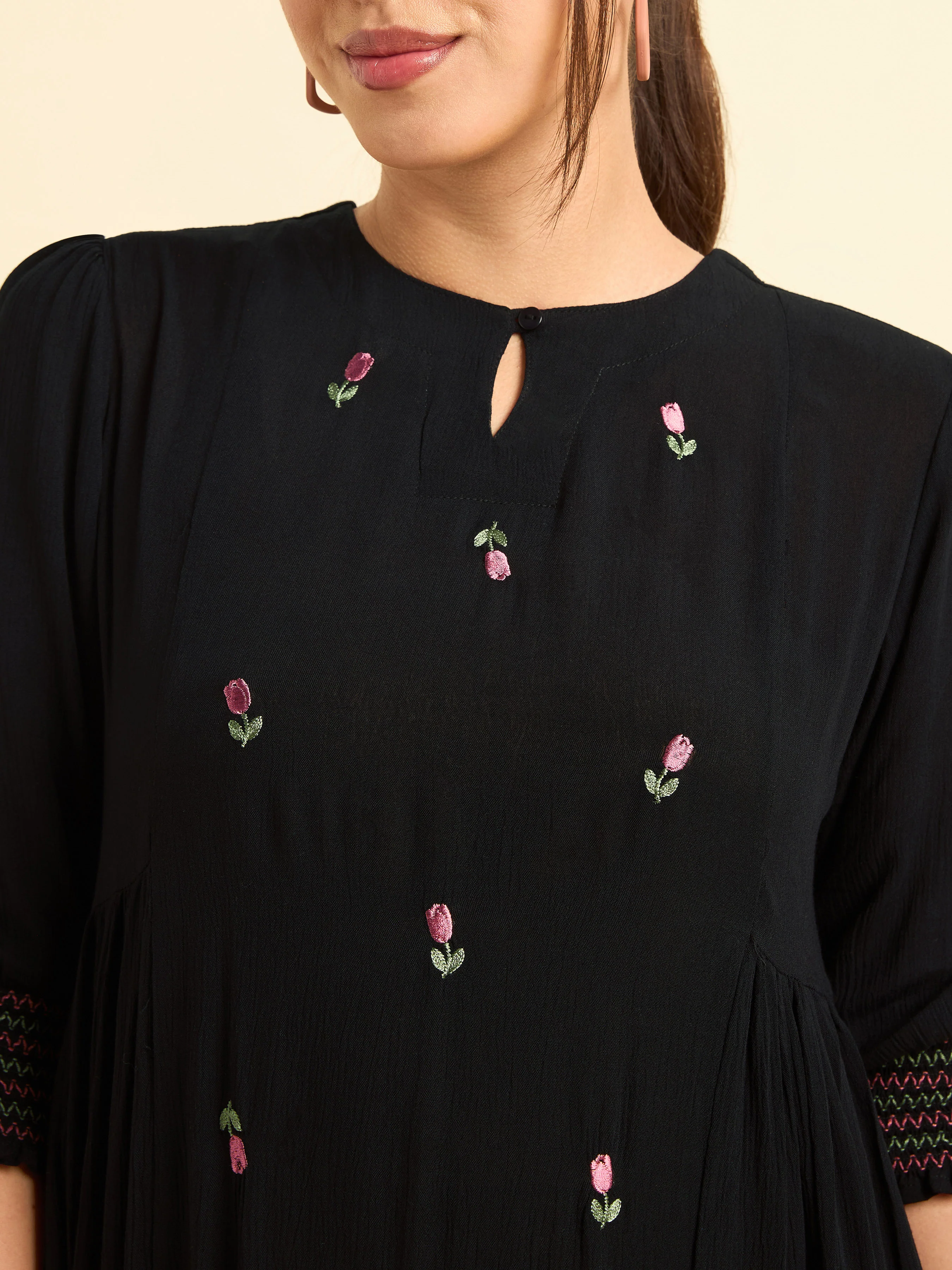 Black Wrinkle Viscose Flared Plain Kurti With Embroidery - Image 3