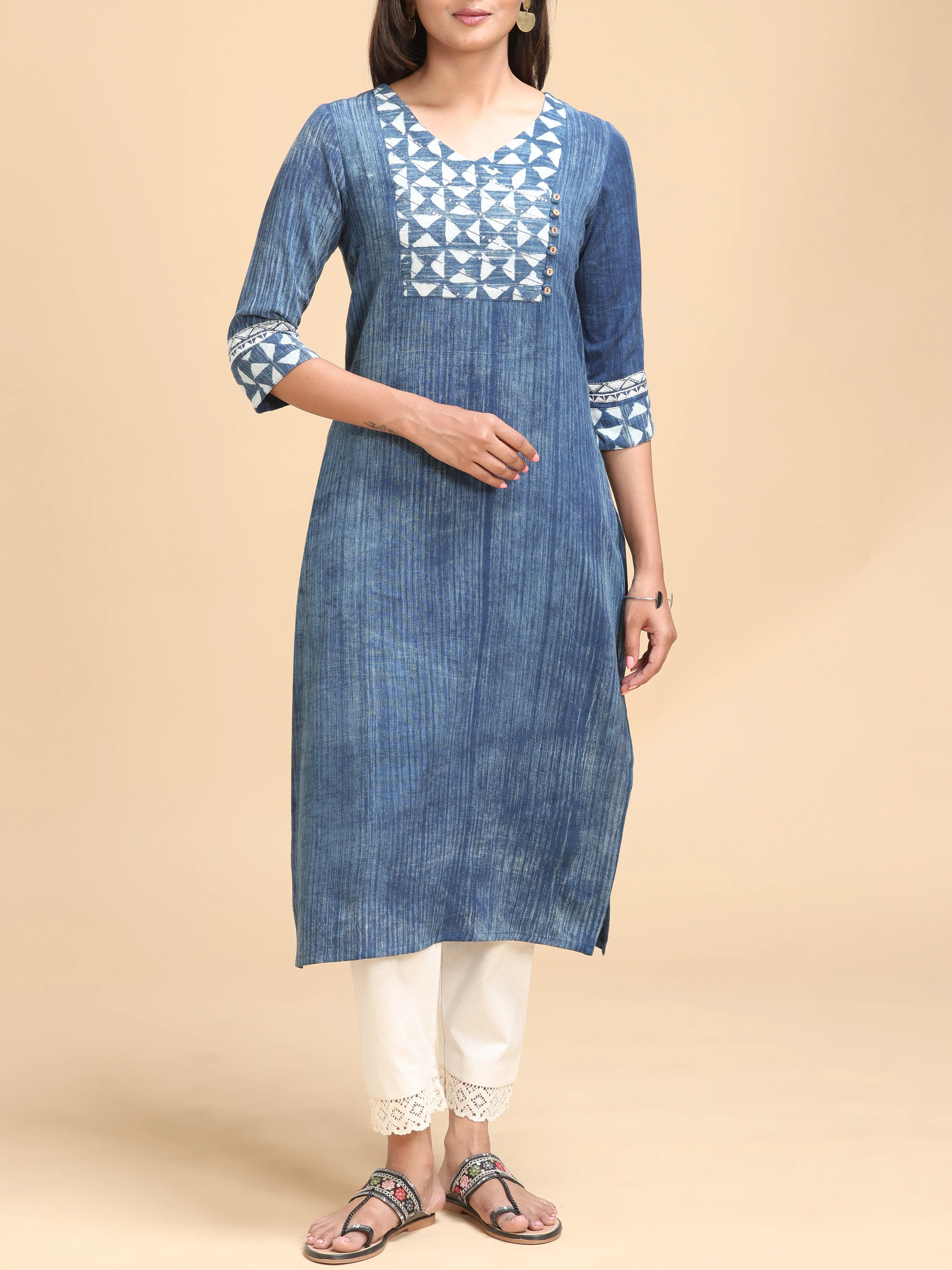 Blue Cotton Flax Kurti With Sequins Work - Image 4