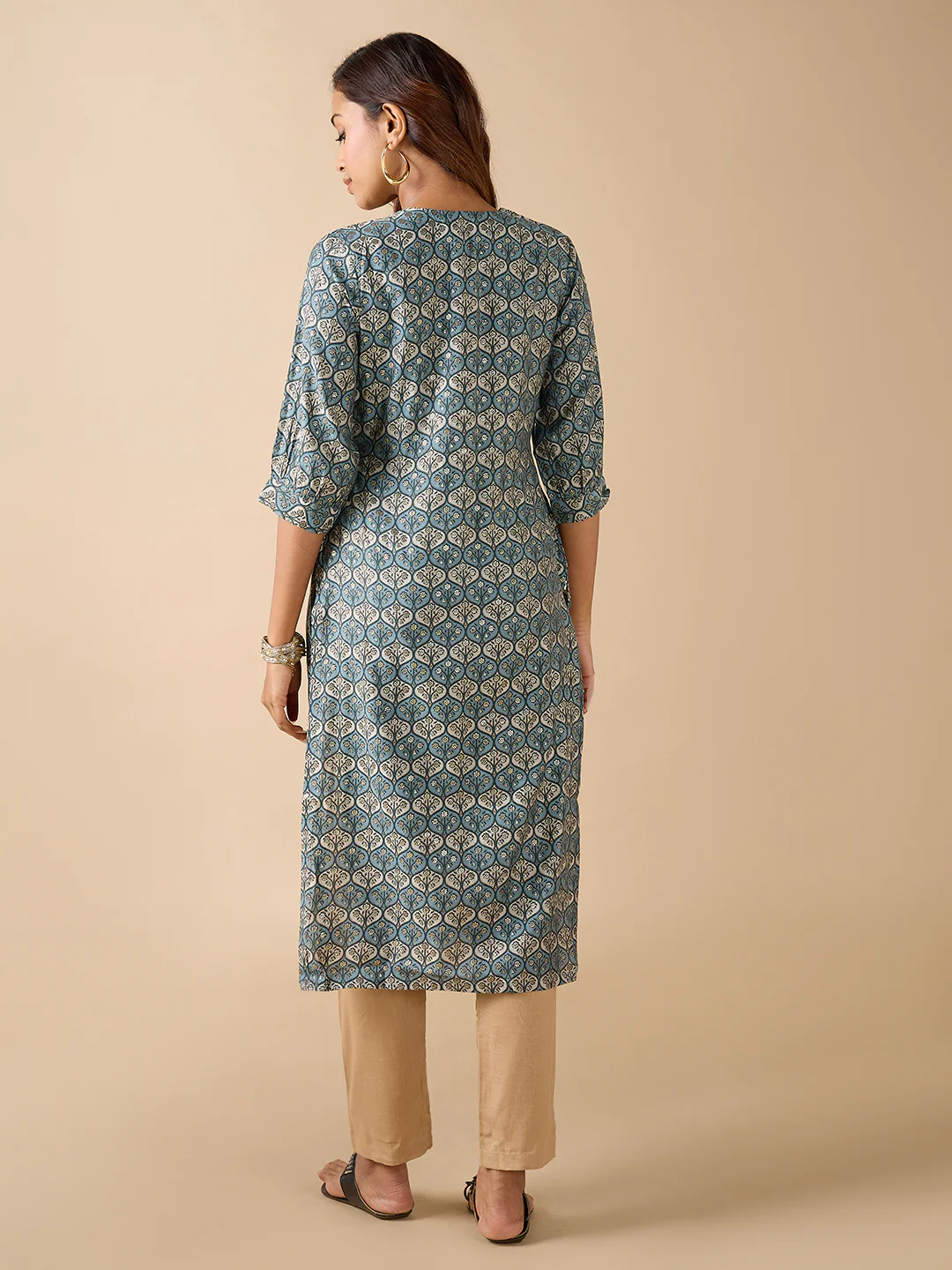 Blue Modal Chanderi Foil Printed Kurti With Sequins Work - Image 5