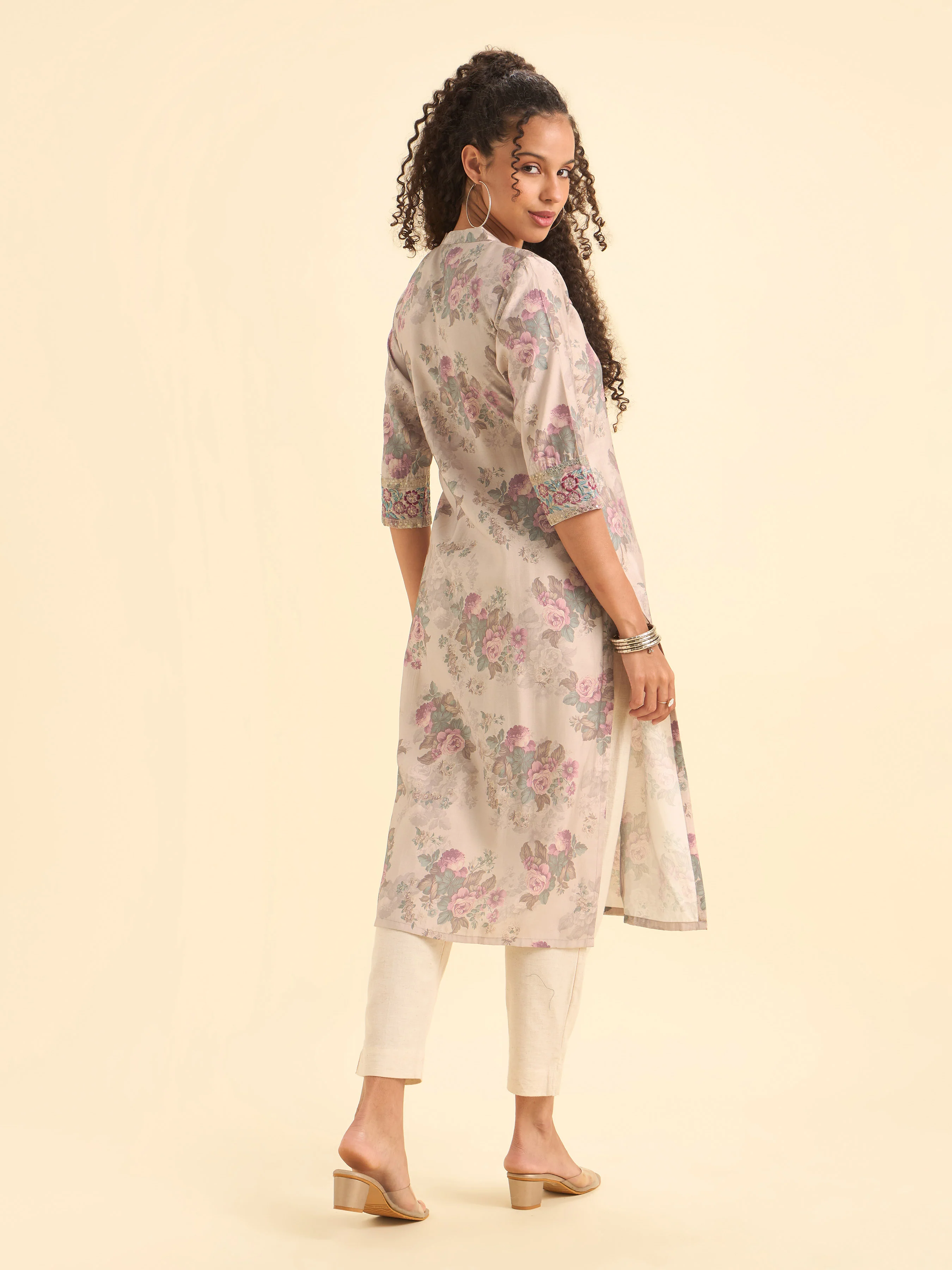 Blush Pink Multicolor Viscose Blend Printed Slit Princess-Cut Kurti With Embroidery And Sequin Work - Image 5