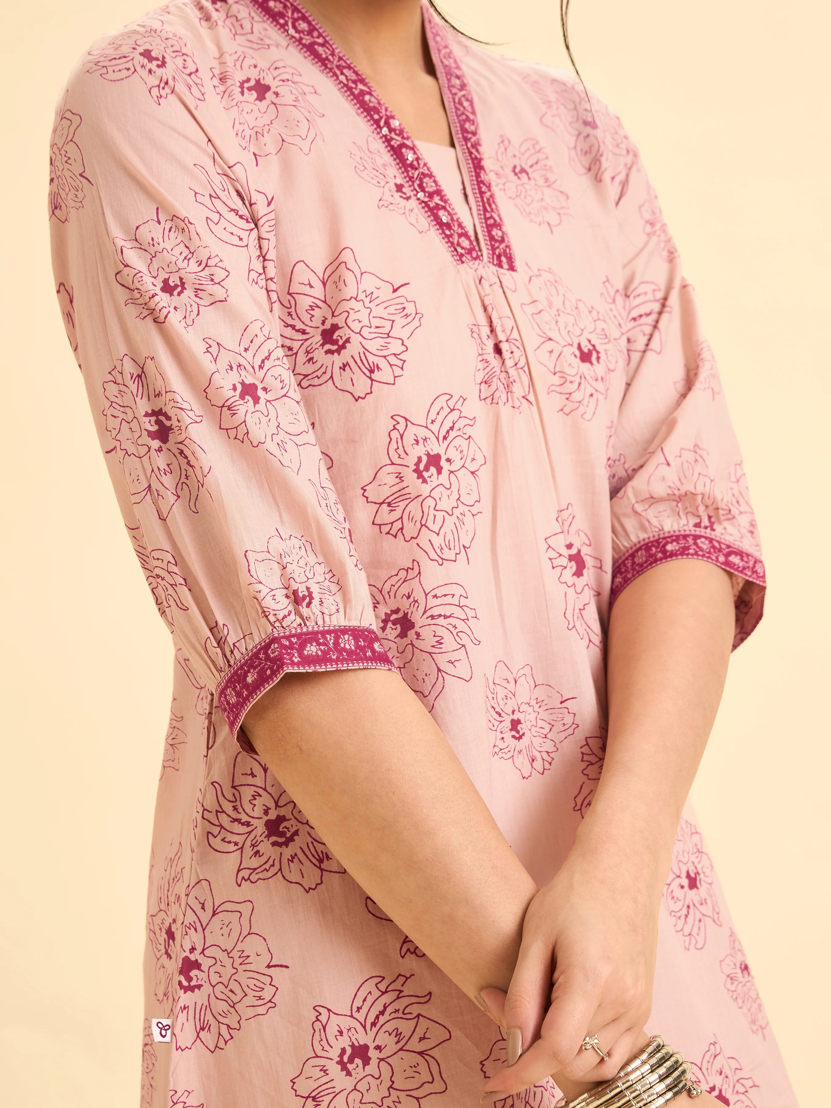 Blush Pink Pure Cotton Printe Kurti With Embroidery And Sequins Work - Image 4