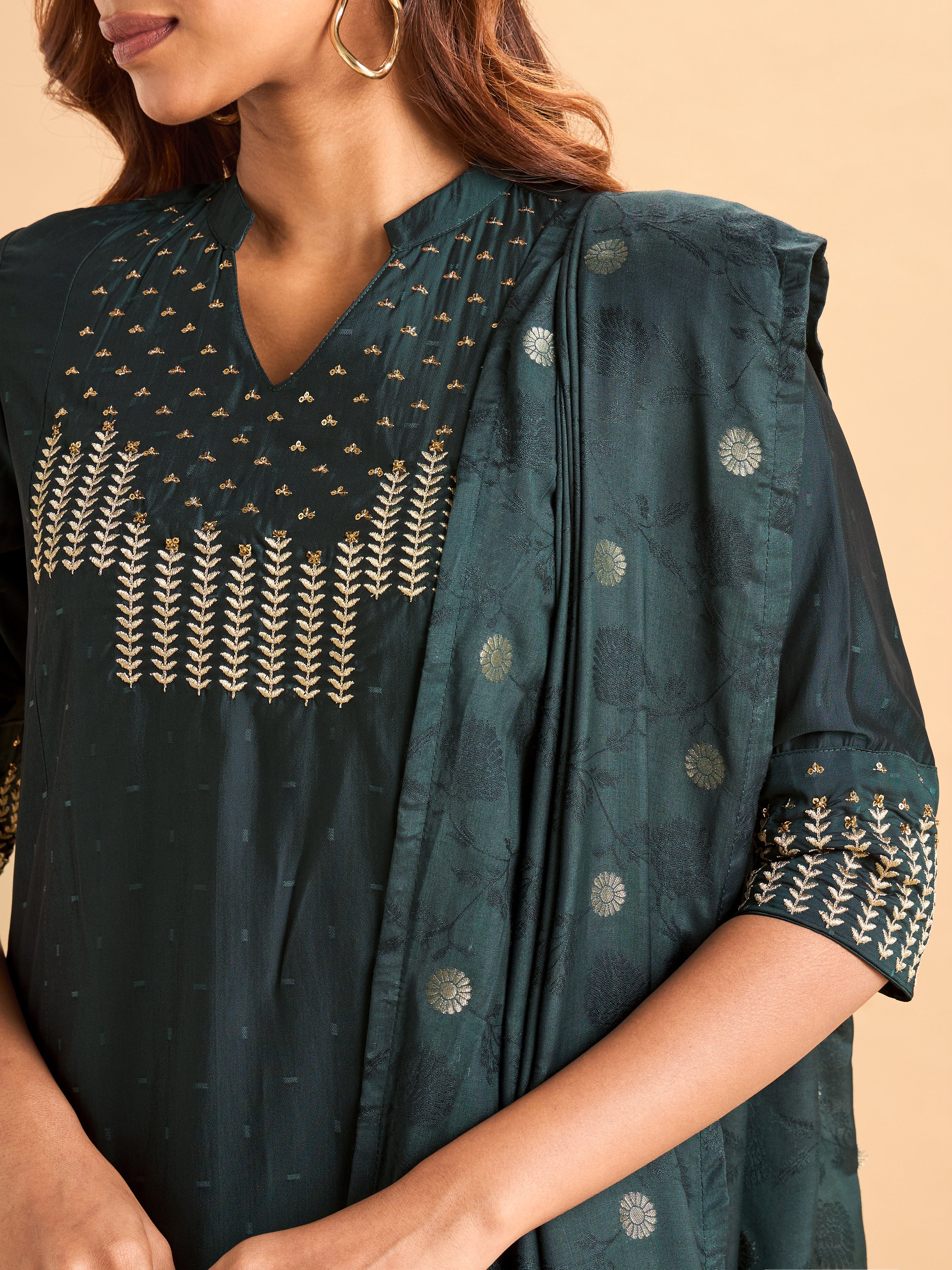 Bottle Green Viscose Blend Kurti Set With Dupatta And Handwork Embroidery - Image 2