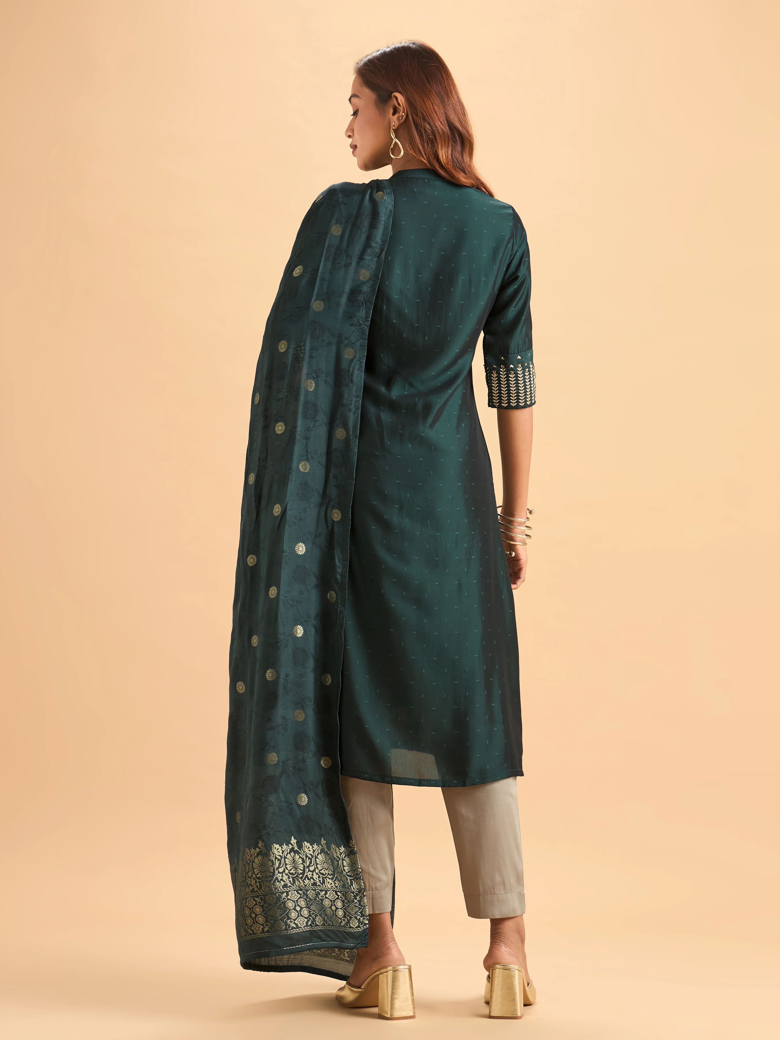 Bottle Green Viscose Blend Kurti Set With Dupatta And Handwork Embroidery - Image 6