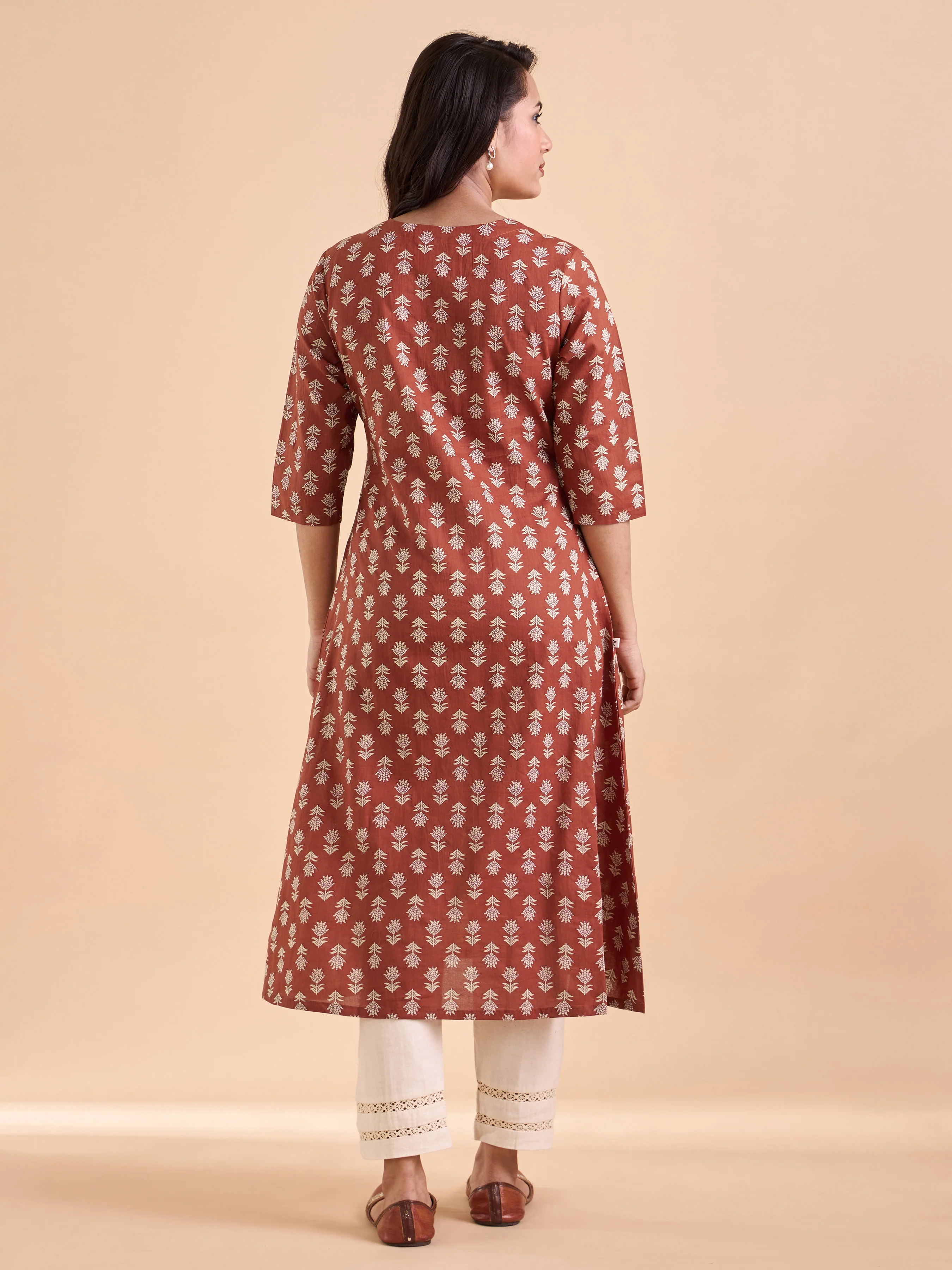 Brick Brown Pure Cotton Printed Kurti With Lace - Image 5