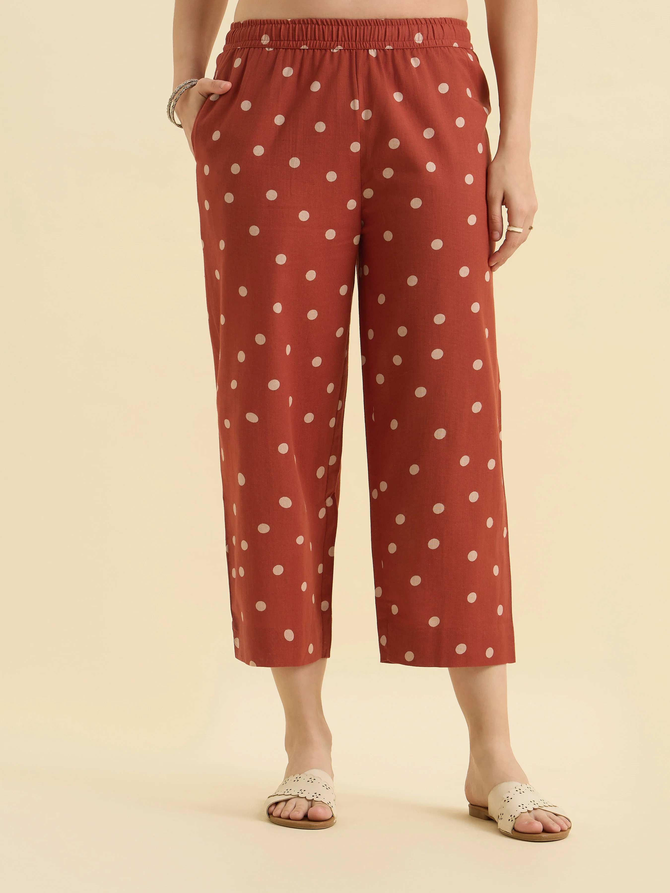Brick Red Ivory Cotton Flax Printed Flared Sleeveless Kurti Set With Centre Cut - Image 8