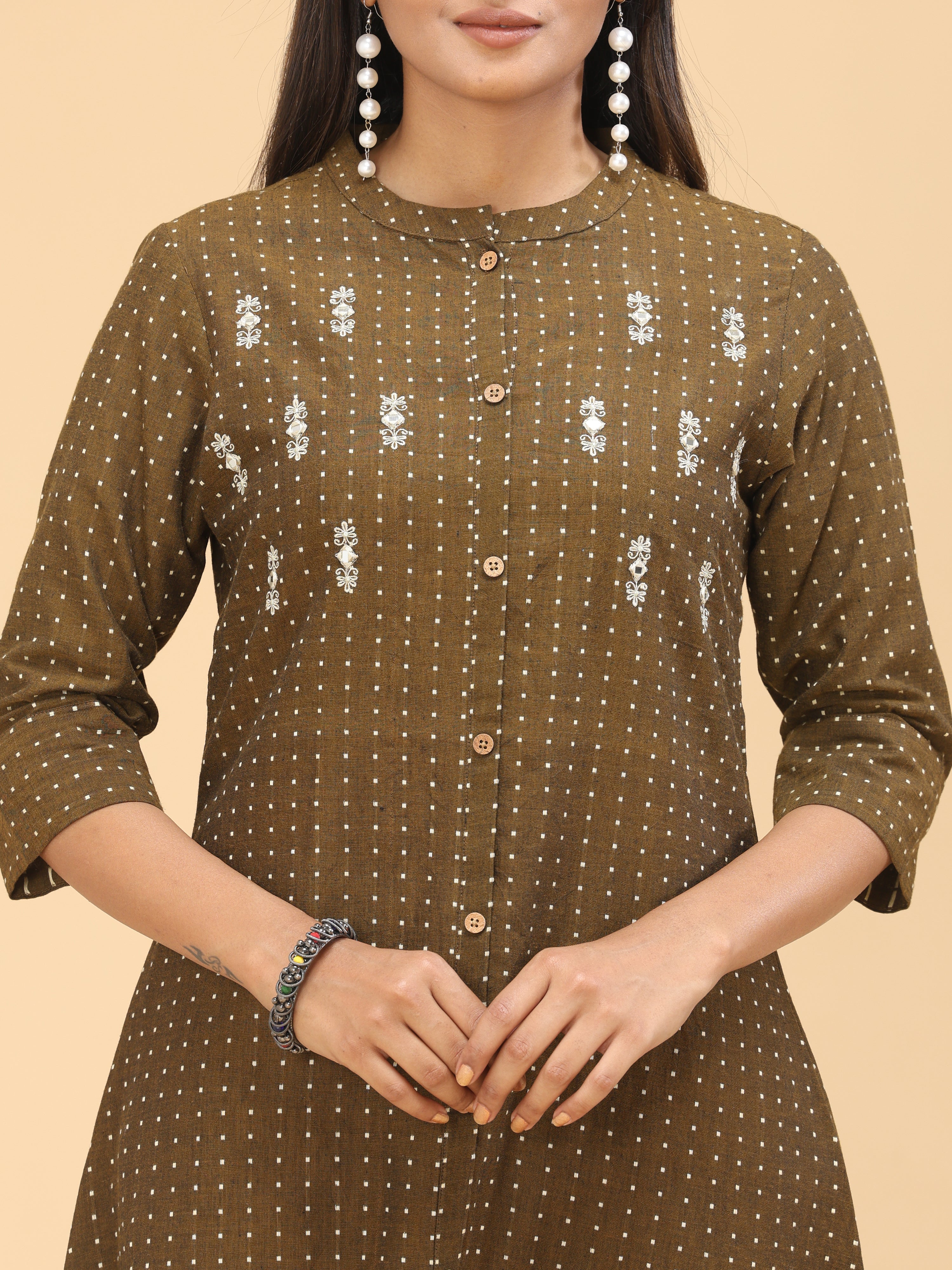 Brown Cotton Dobby Kurti With Embroidery - Image 2