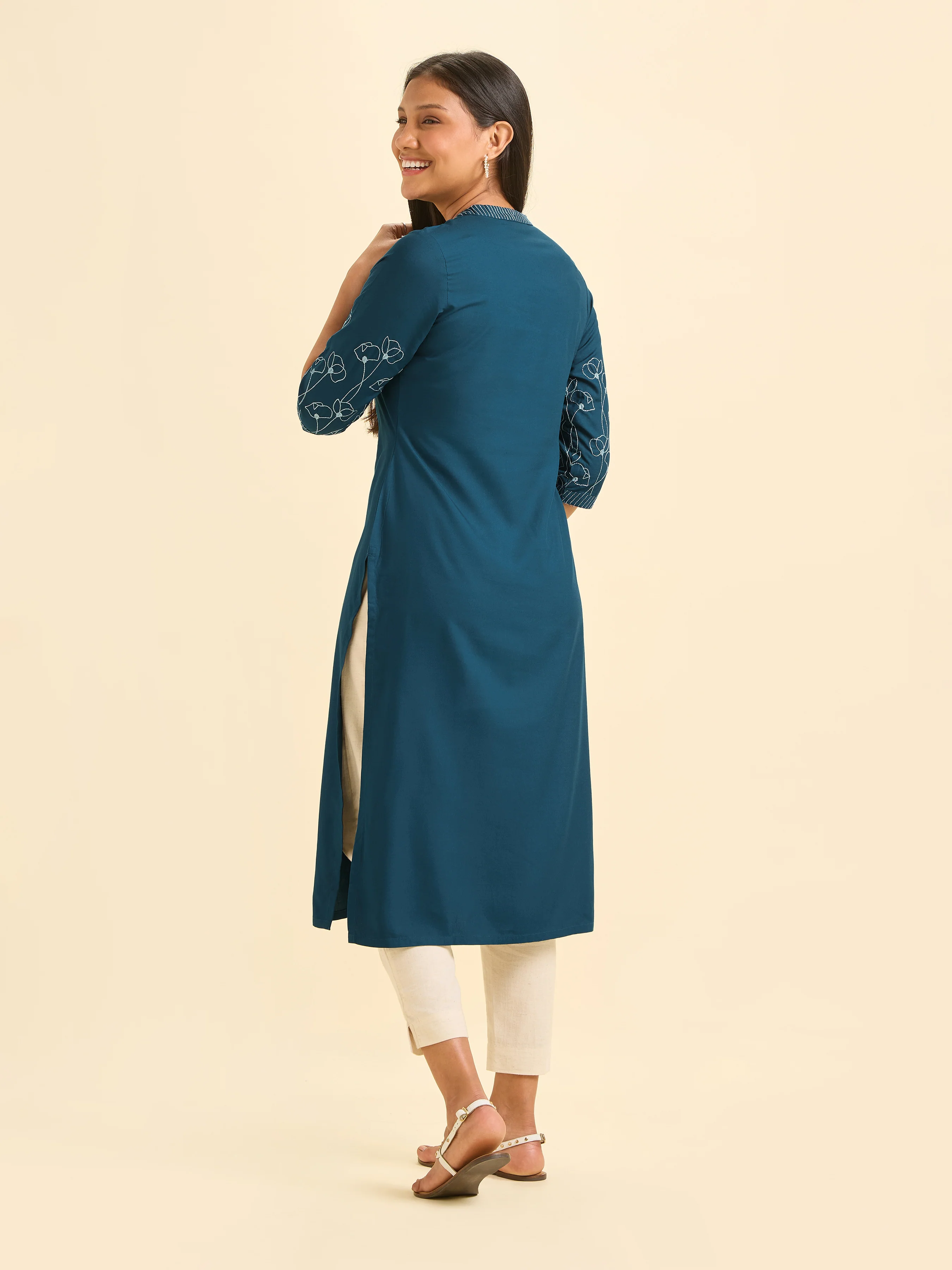 Classic Blue Viscose Plain Slitted Kurti With Embroidery - Image 5