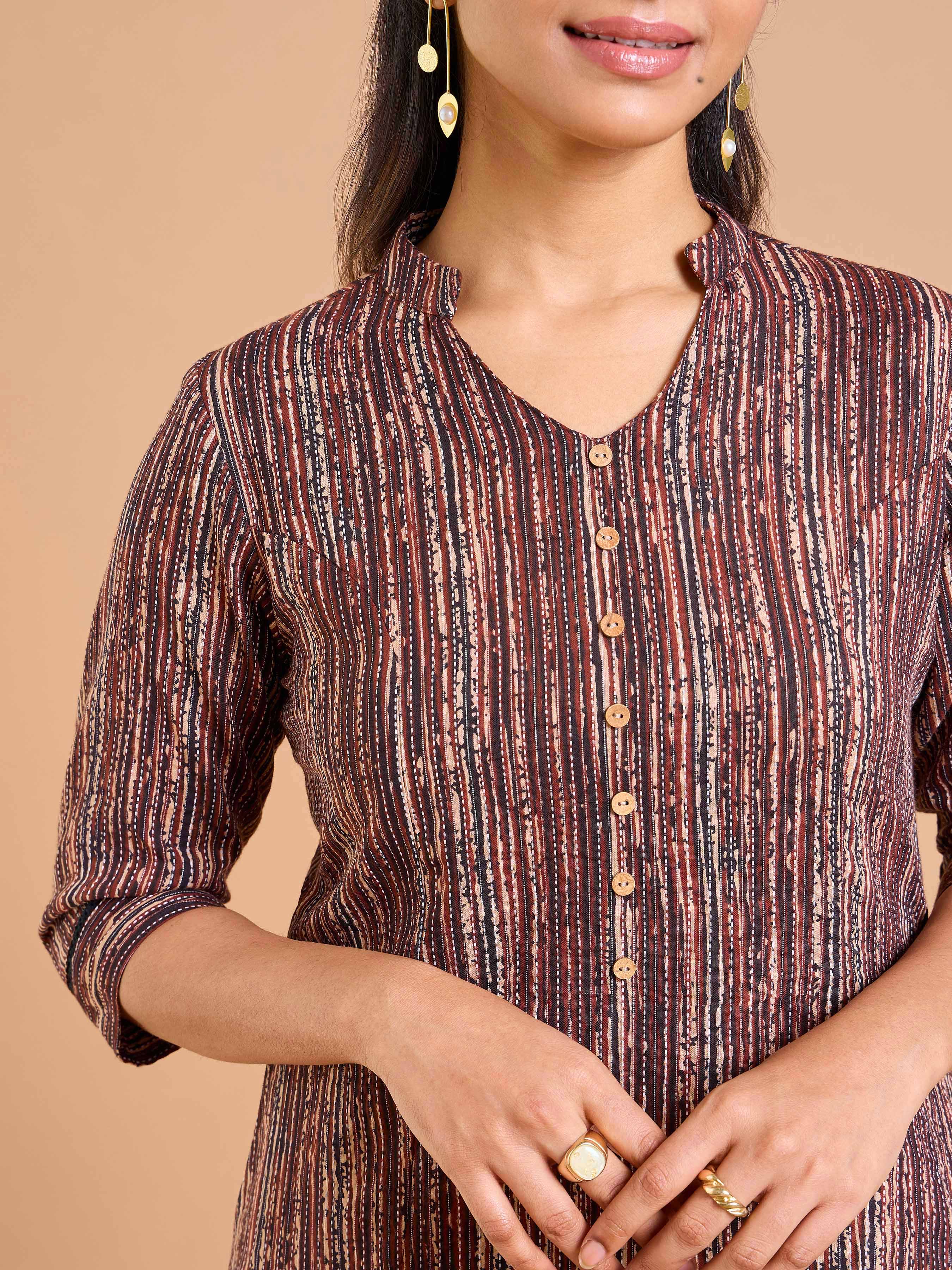 Coffee Brown Pure Cotton Katha Printed Kurti With Princess Cut - Image 2