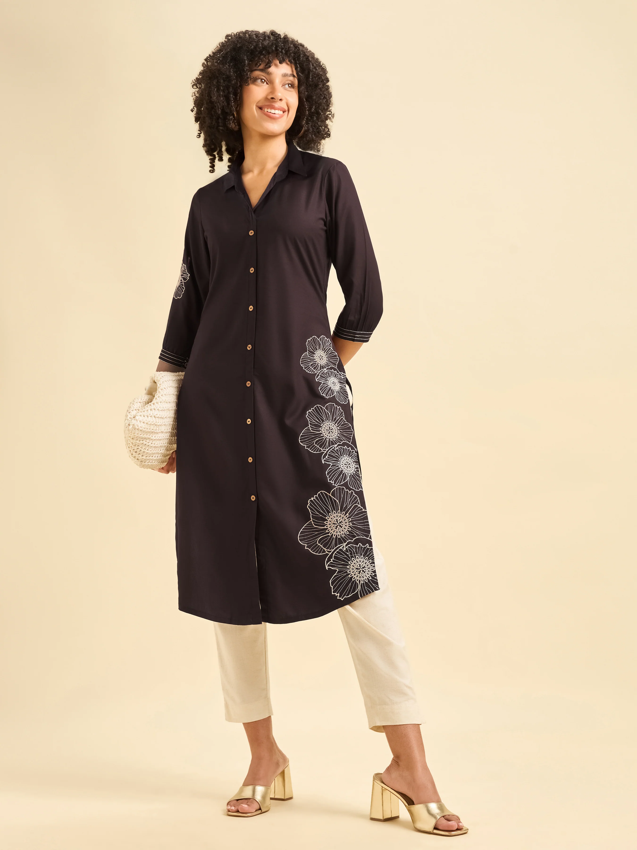 Coffee Brown Viscose Plain Slitted Kurti With Embroidery - Image 3