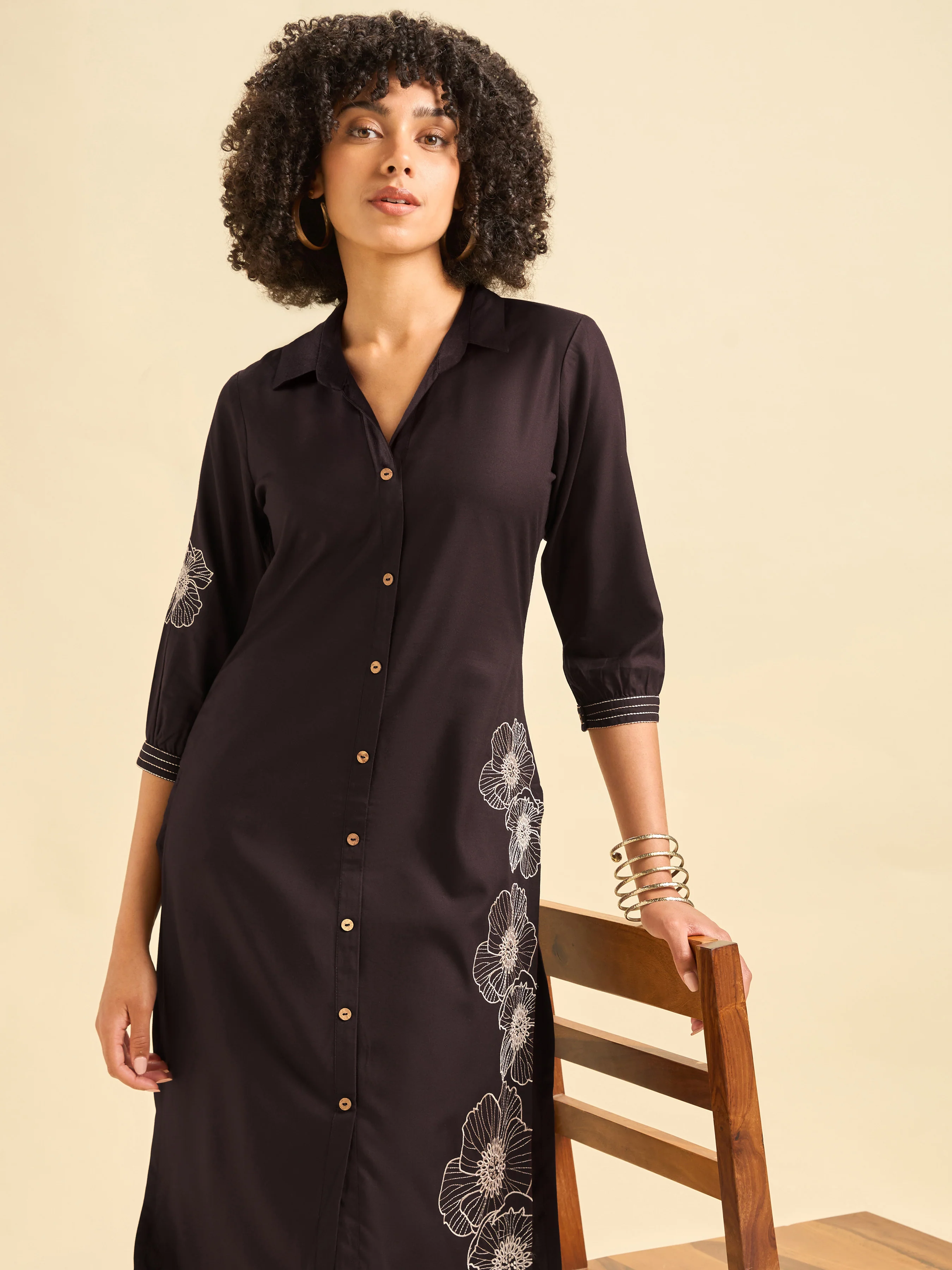 Coffee Brown Viscose Plain Slitted Kurti With Embroidery - Image 4