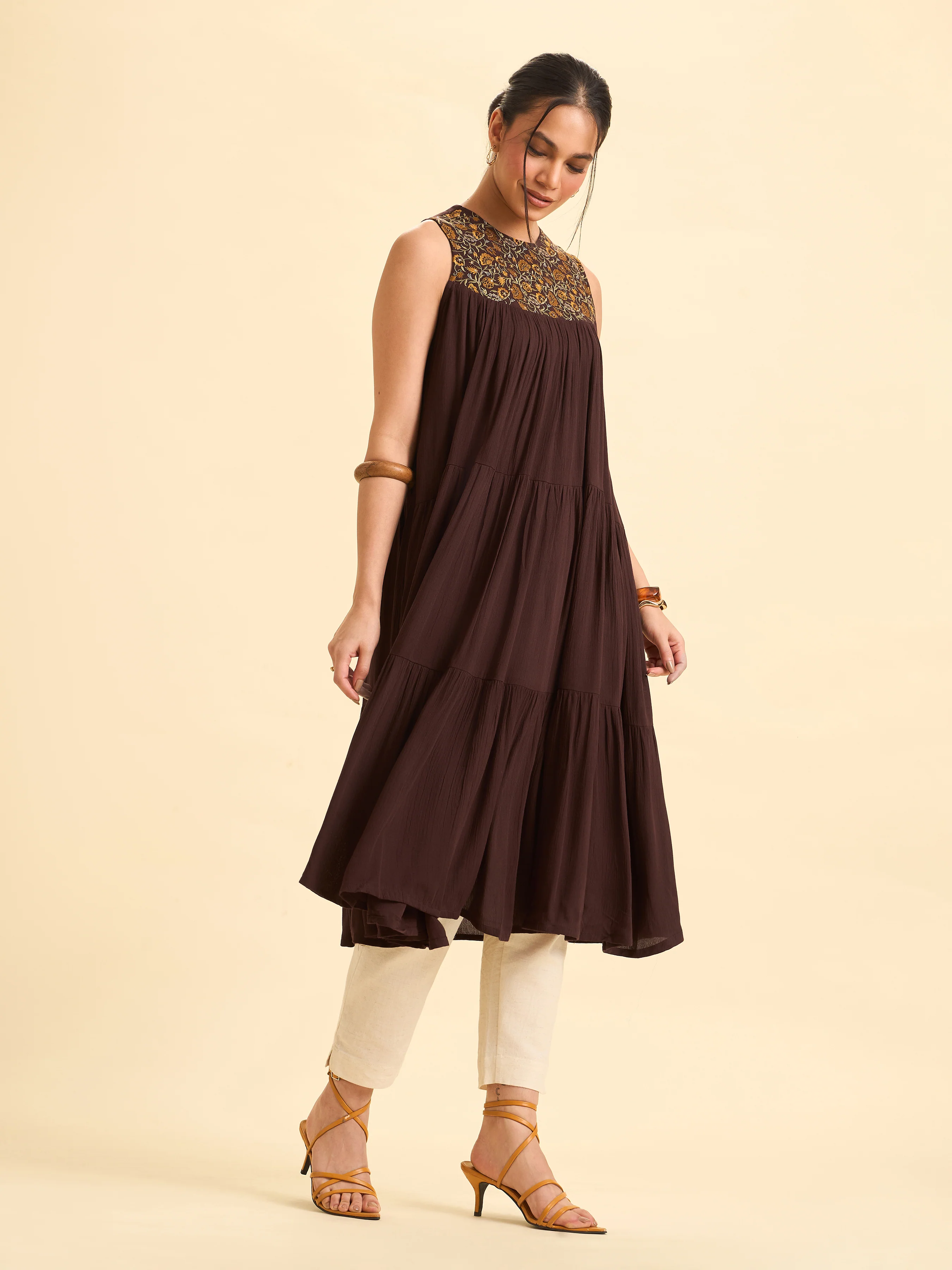 Coffee Brown Wrinkle Viscose Plain Flared Tiered Cut Kurti With Sequins Embroidery - Image 5